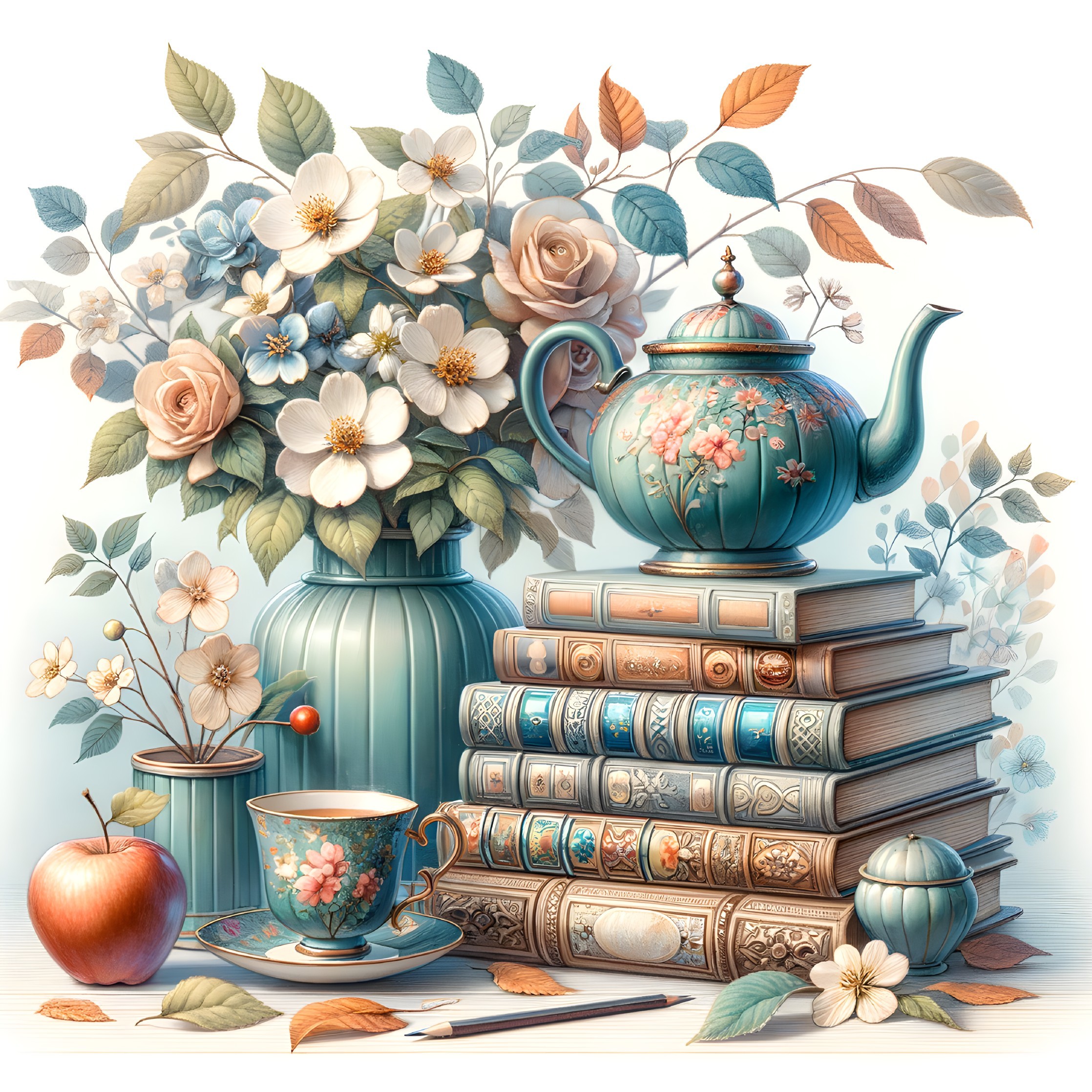 Floral Still Life with Teal Vase and Decorative Elements