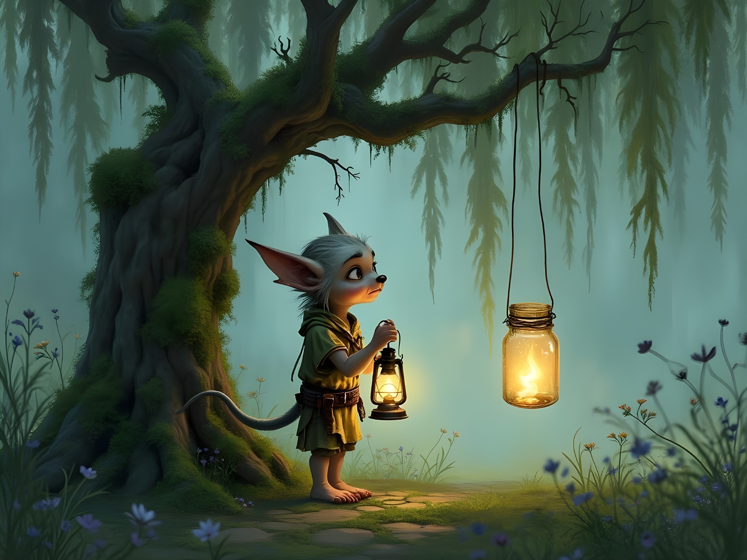 Mystical Forest Scene with Anthropomorphic Creature