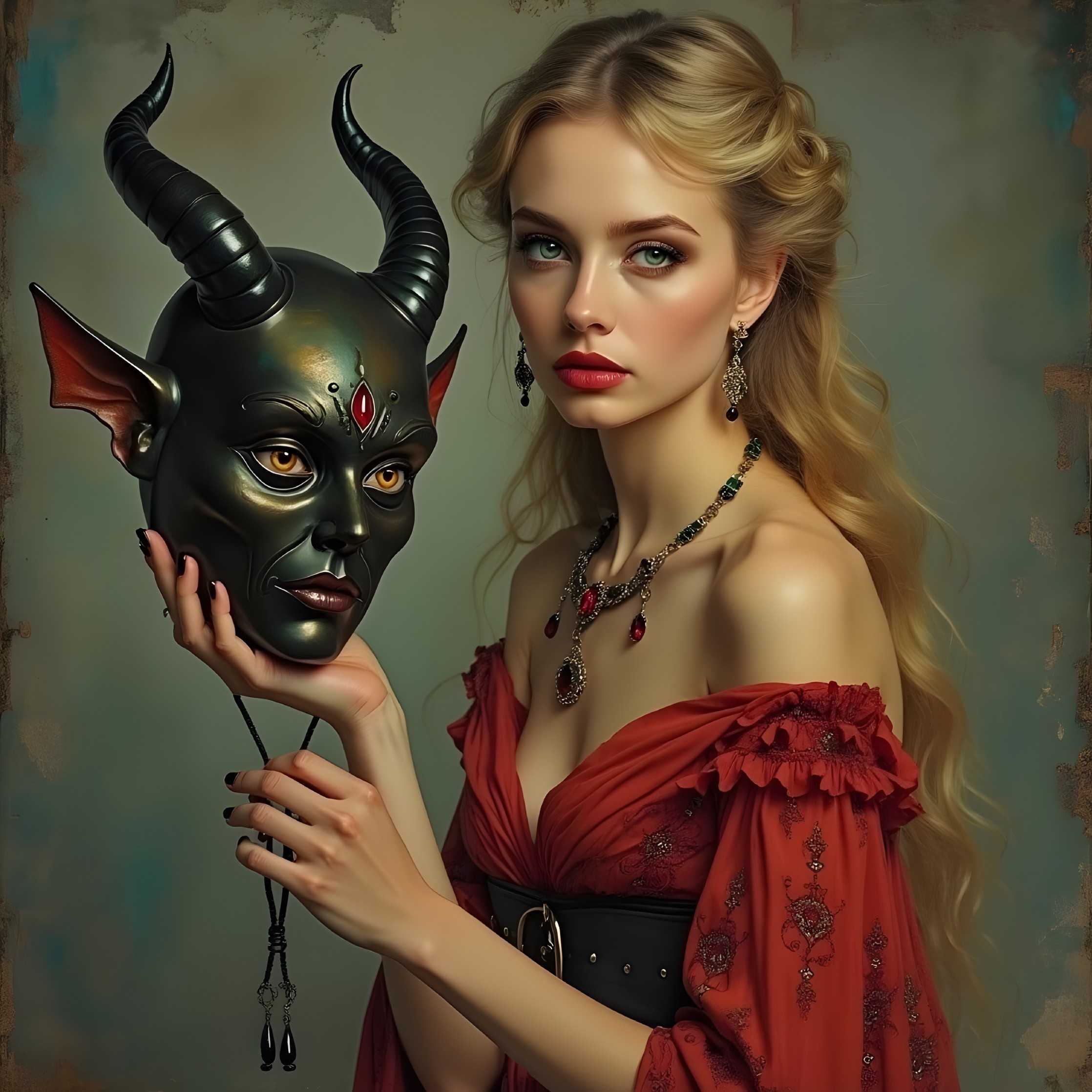 Young woman in red gown with horned mask and jewelry
