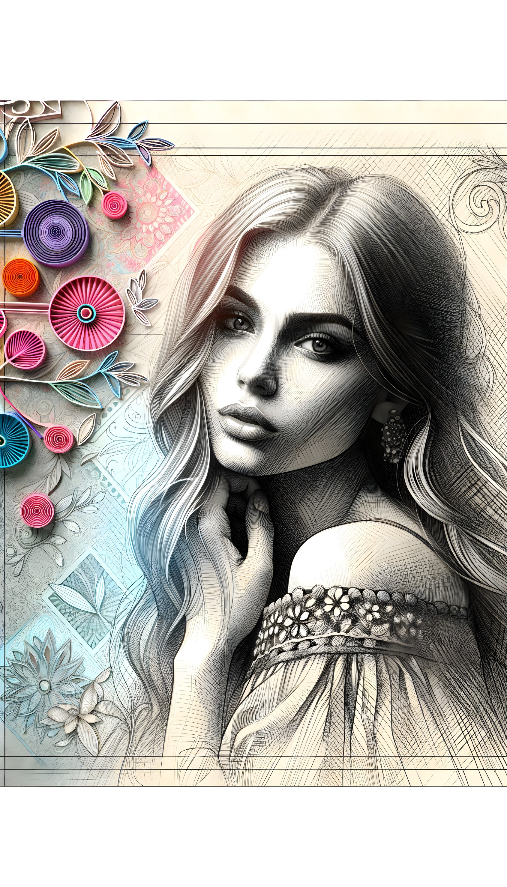 Woman's portrait with flowing hair and floral background