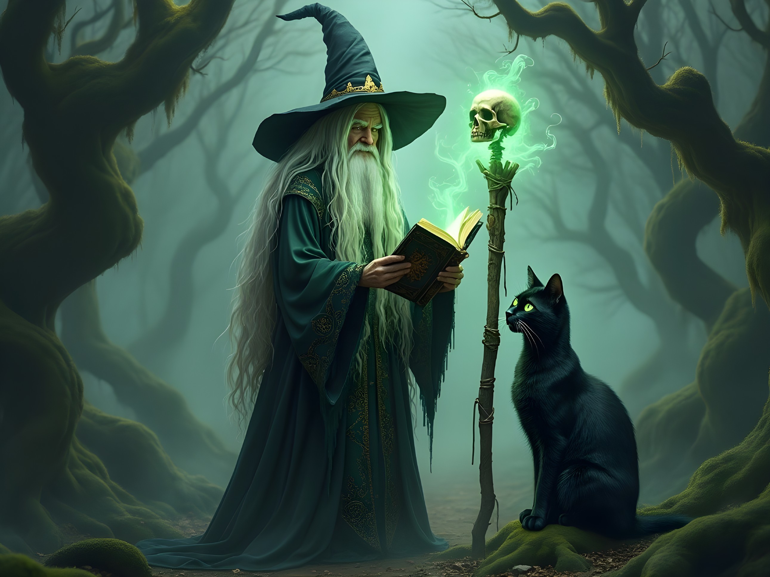 Mysterious wizard in enchanted forest with glowing skull