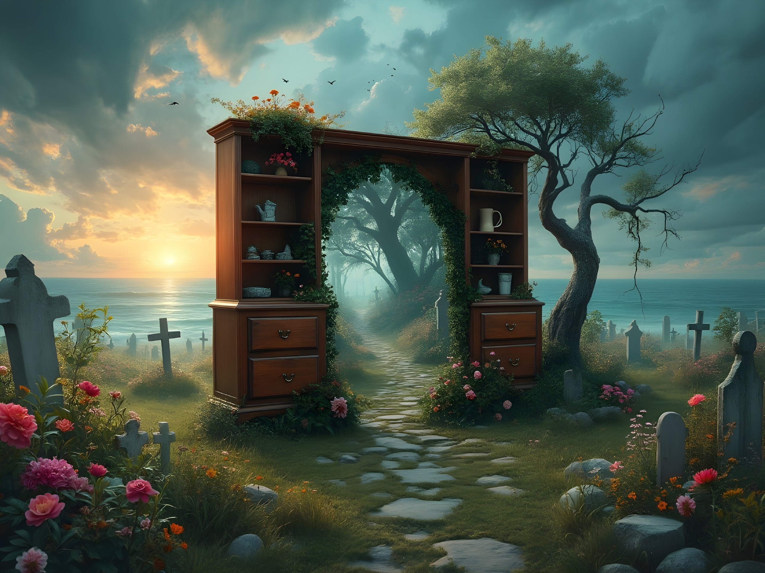 Whimsical Bookshelf in Lush Overgrown Archway Scene