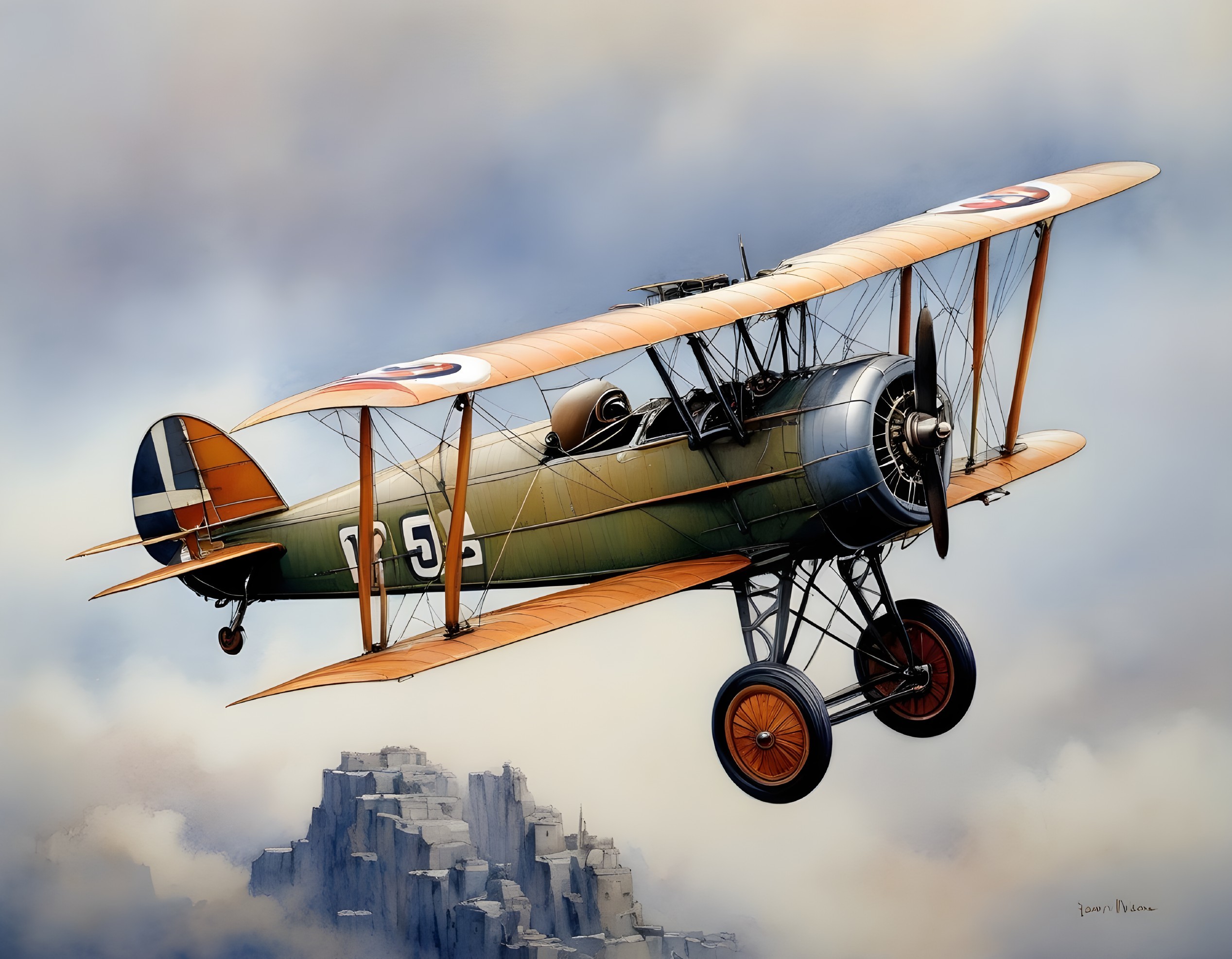 Vintage Biplane Flying Over Cloudy Skies and Mountains