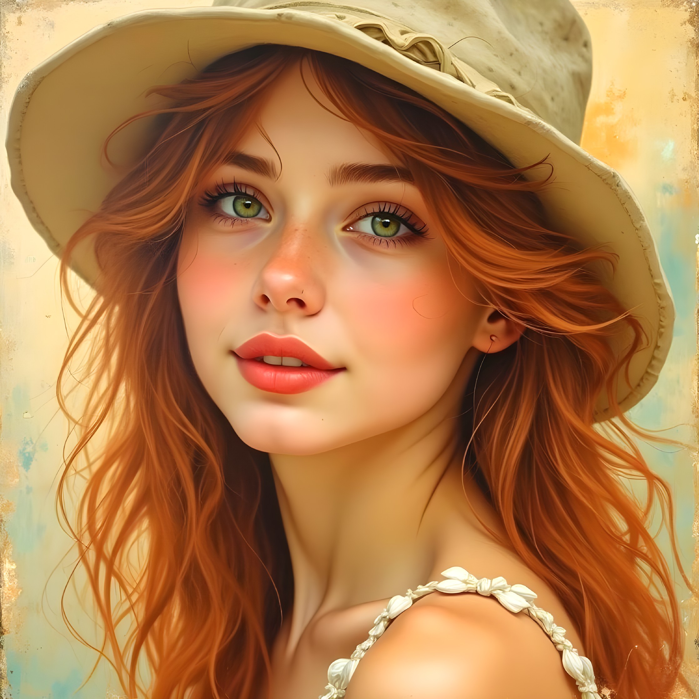 Young woman with red hair and green eyes in hat
