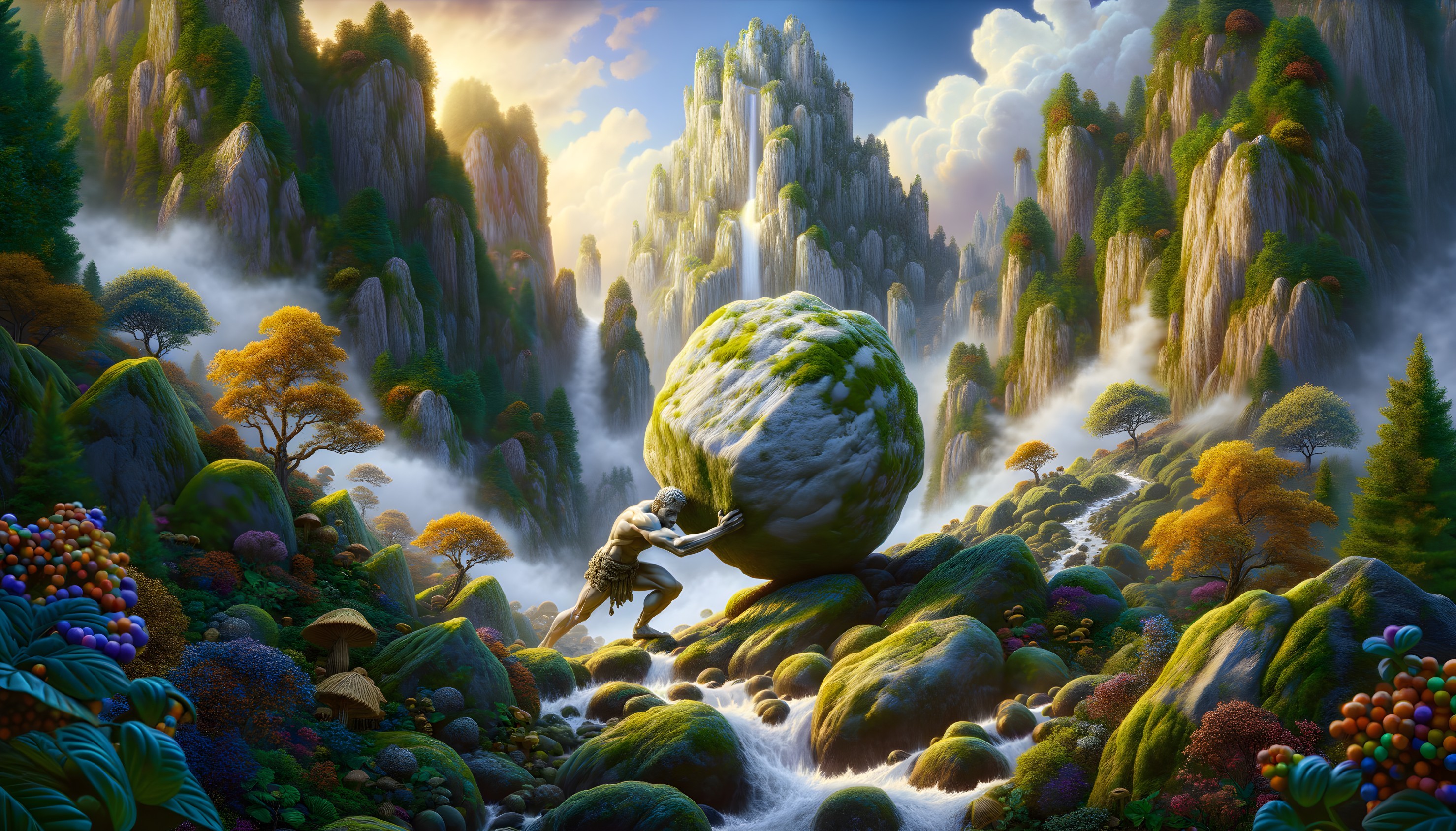 Person pushing giant green rock in vibrant fantasy landscape