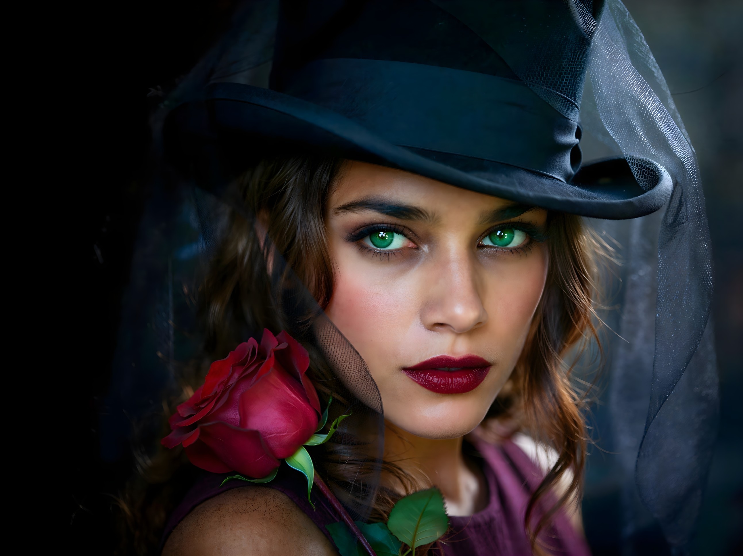 Close-Up of Woman with Emerald Eyes and Black Veil