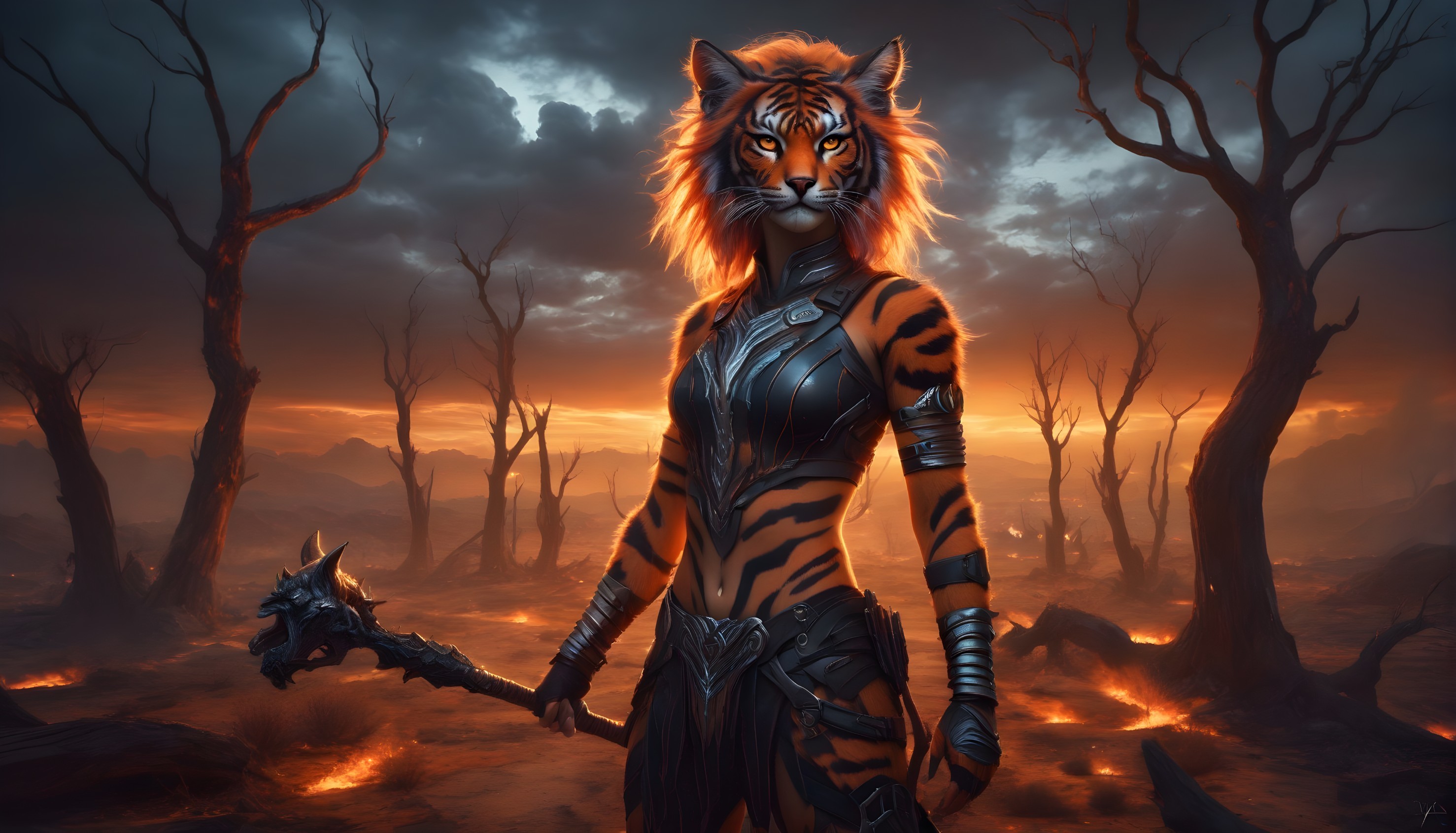 Fierce Warrior with Tiger Head in Fiery Landscape