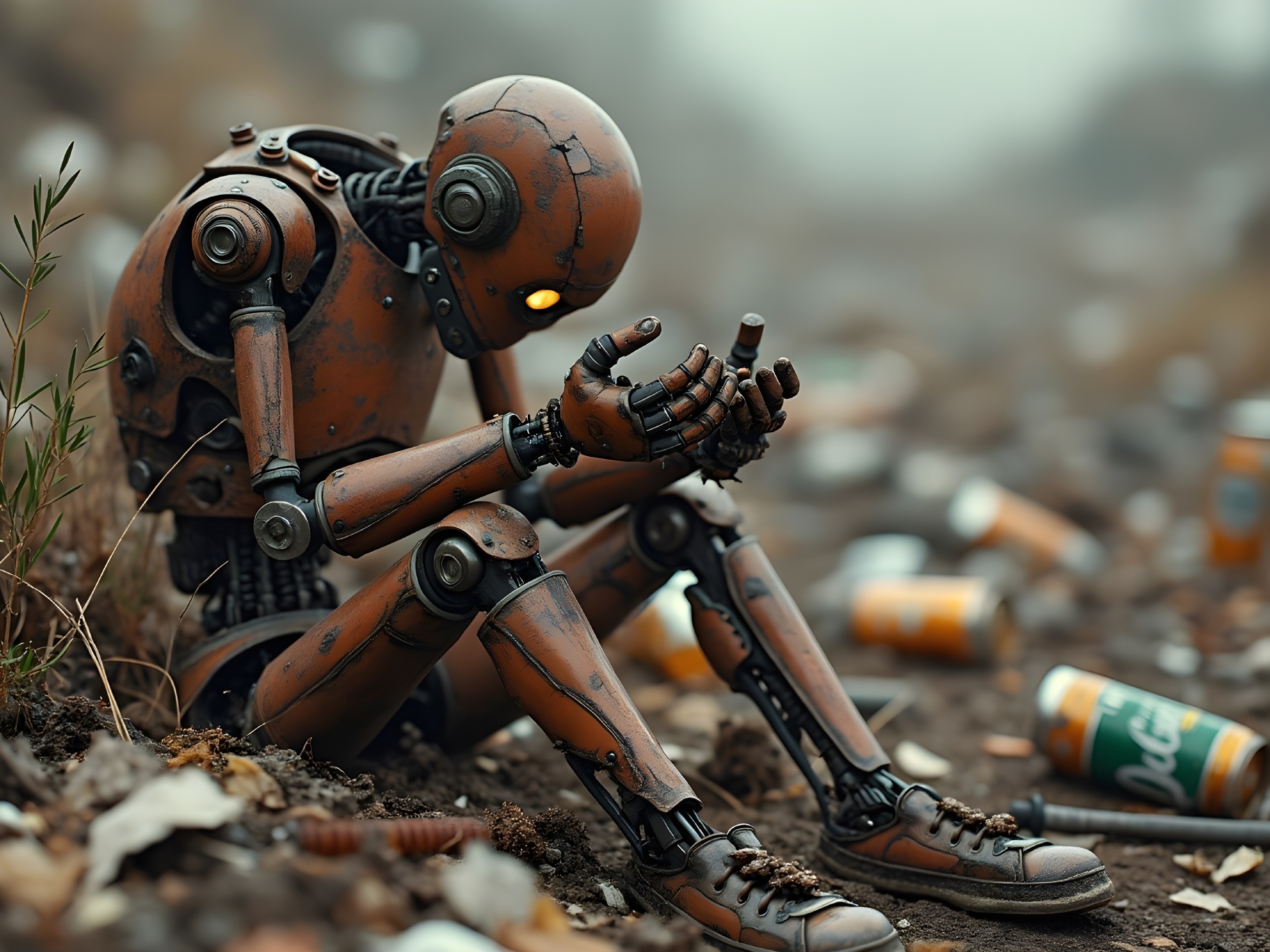 Worn Rusted Robot in a Desolate Environment