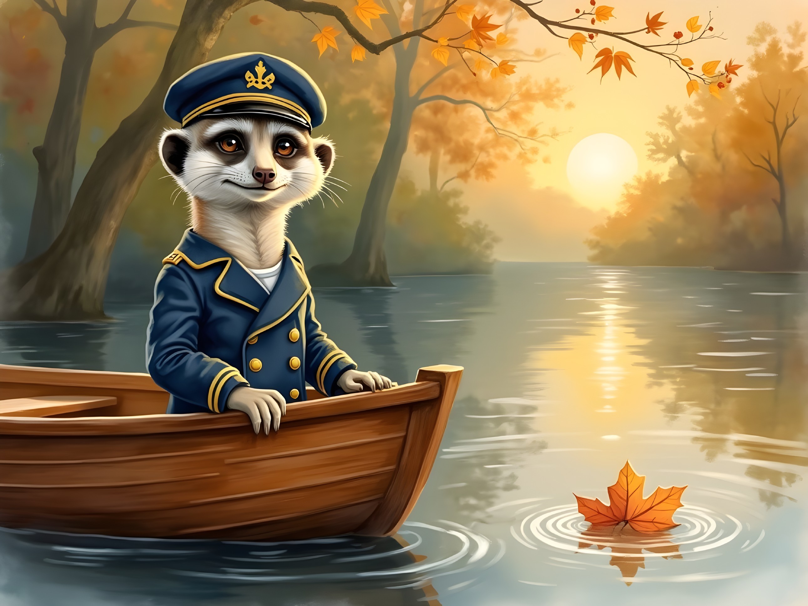 Meerkat in Captain's Uniform on Tranquil Waterway