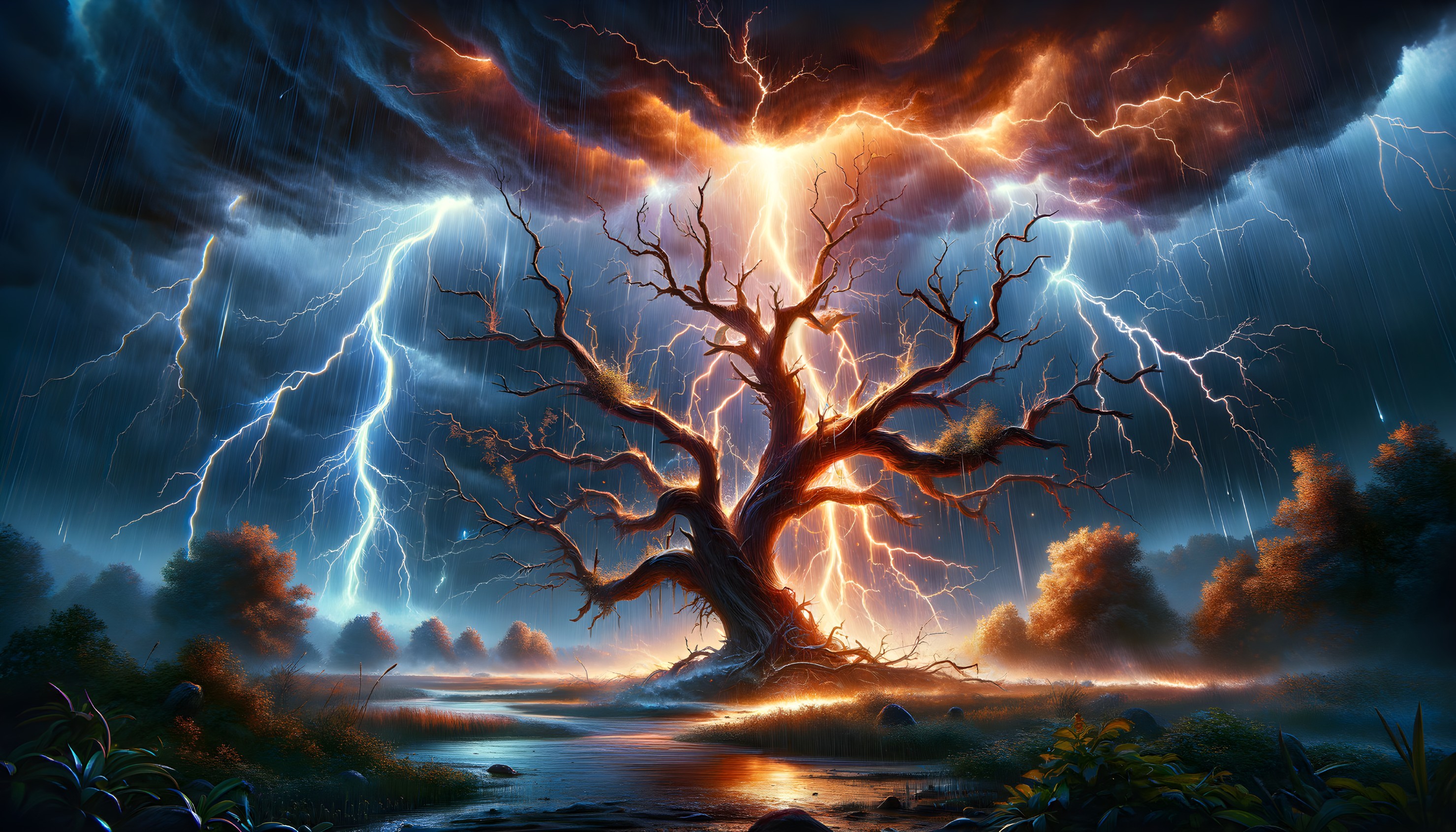 Digital artwork: Lone tree in thunderstorm with lightning
