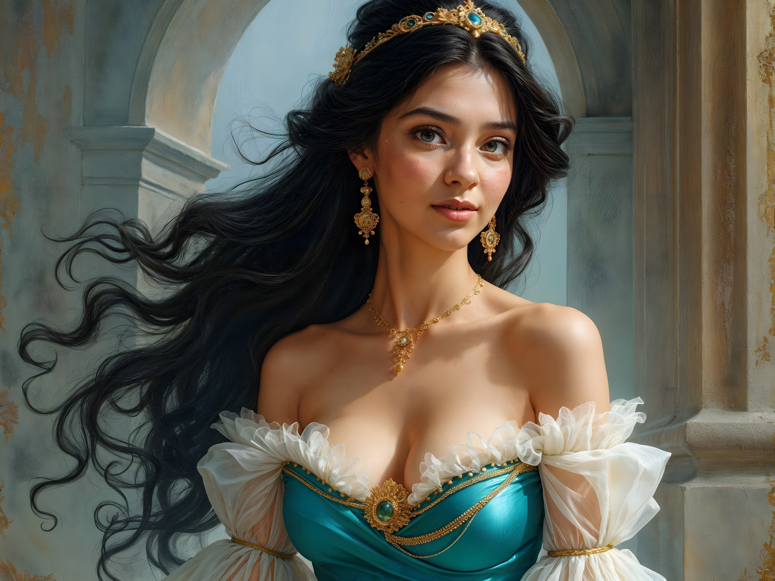 Elegant young woman in turquoise gown with gold accents