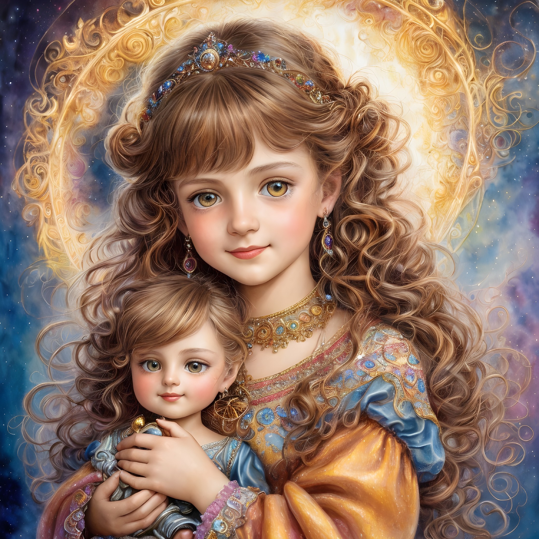 Young girl with doll in colorful ornate clothing