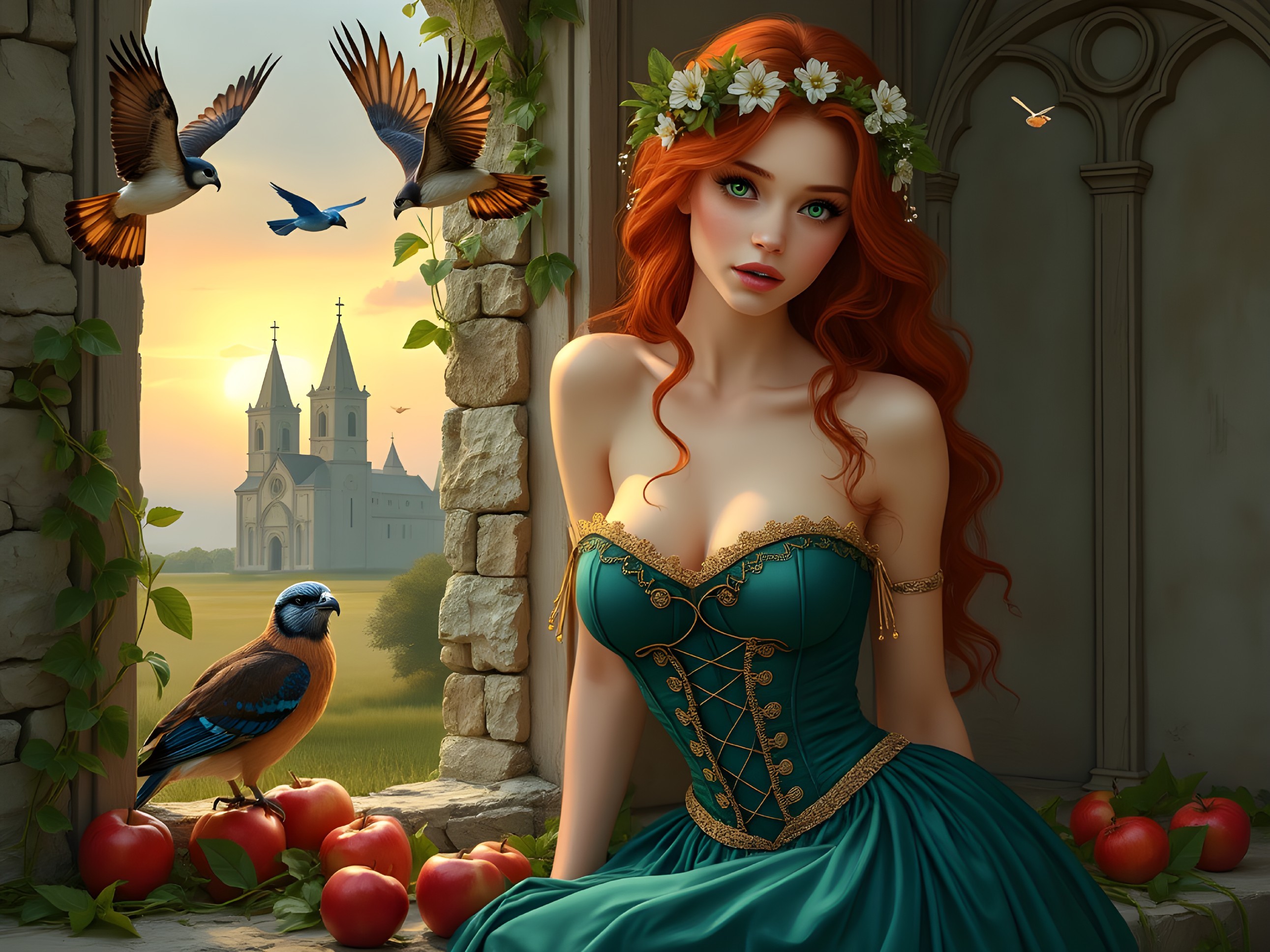 Mystical Scene of Woman by Window with Sunset Glow