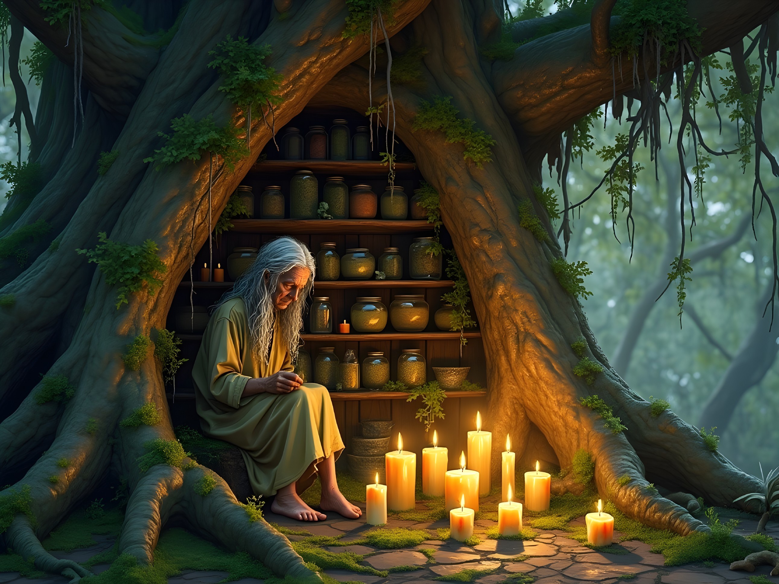 Elderly Figure in Hollow Tree Surrounded by Herbs