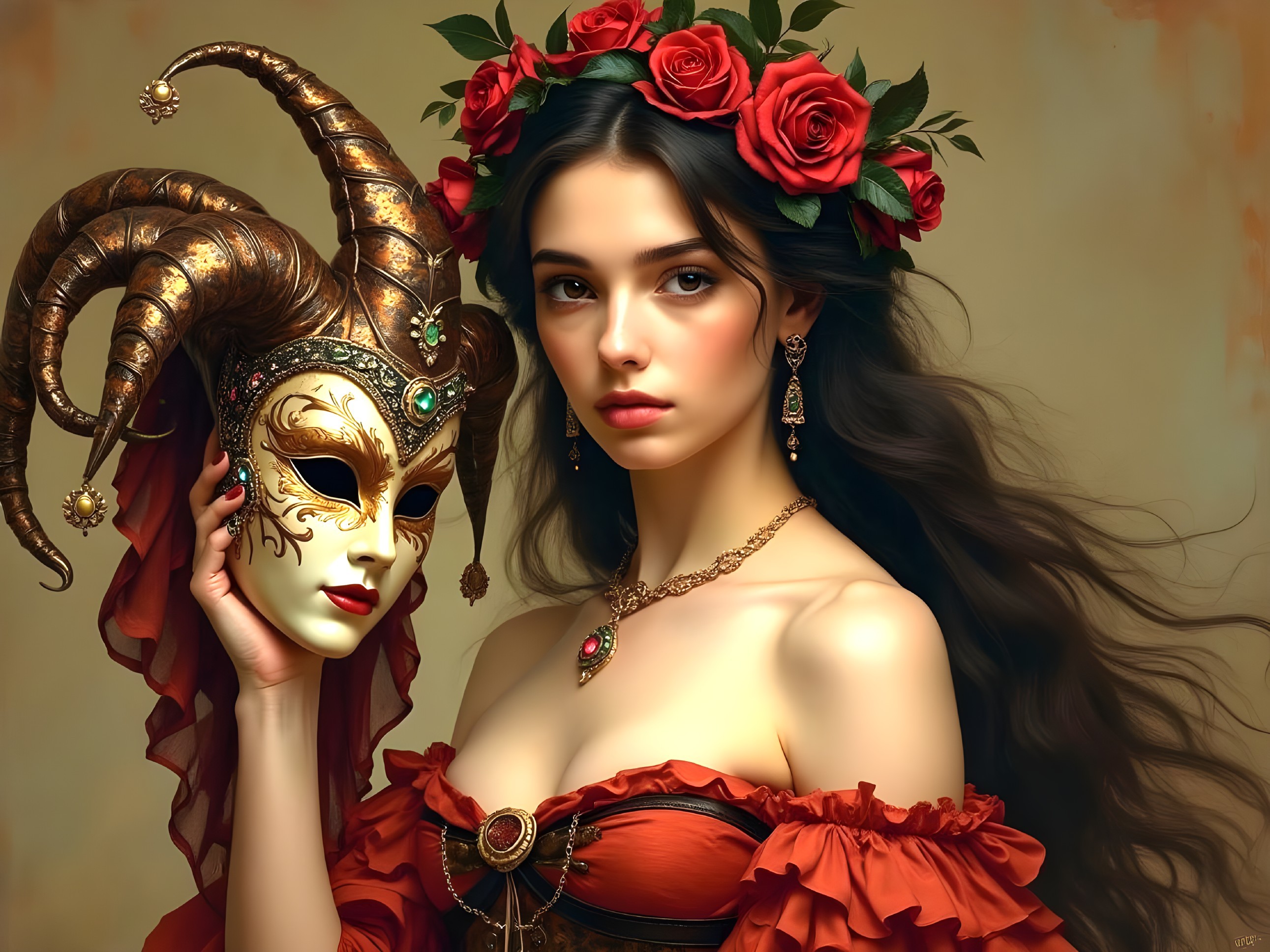 Elegant Woman with Roses and Ornate Mask in Red Dress