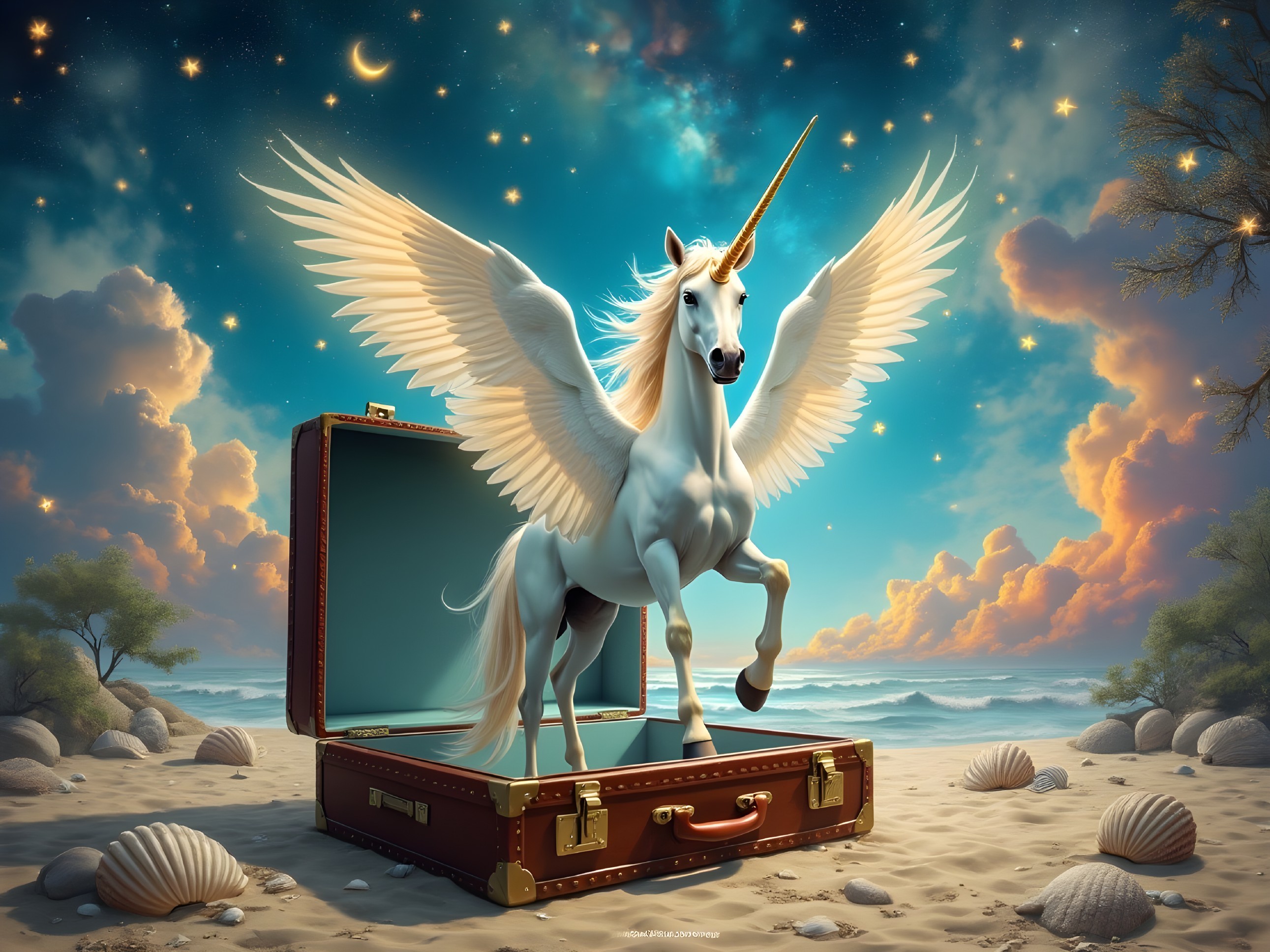 Unicorn with Wings on Beach from Vintage Suitcase