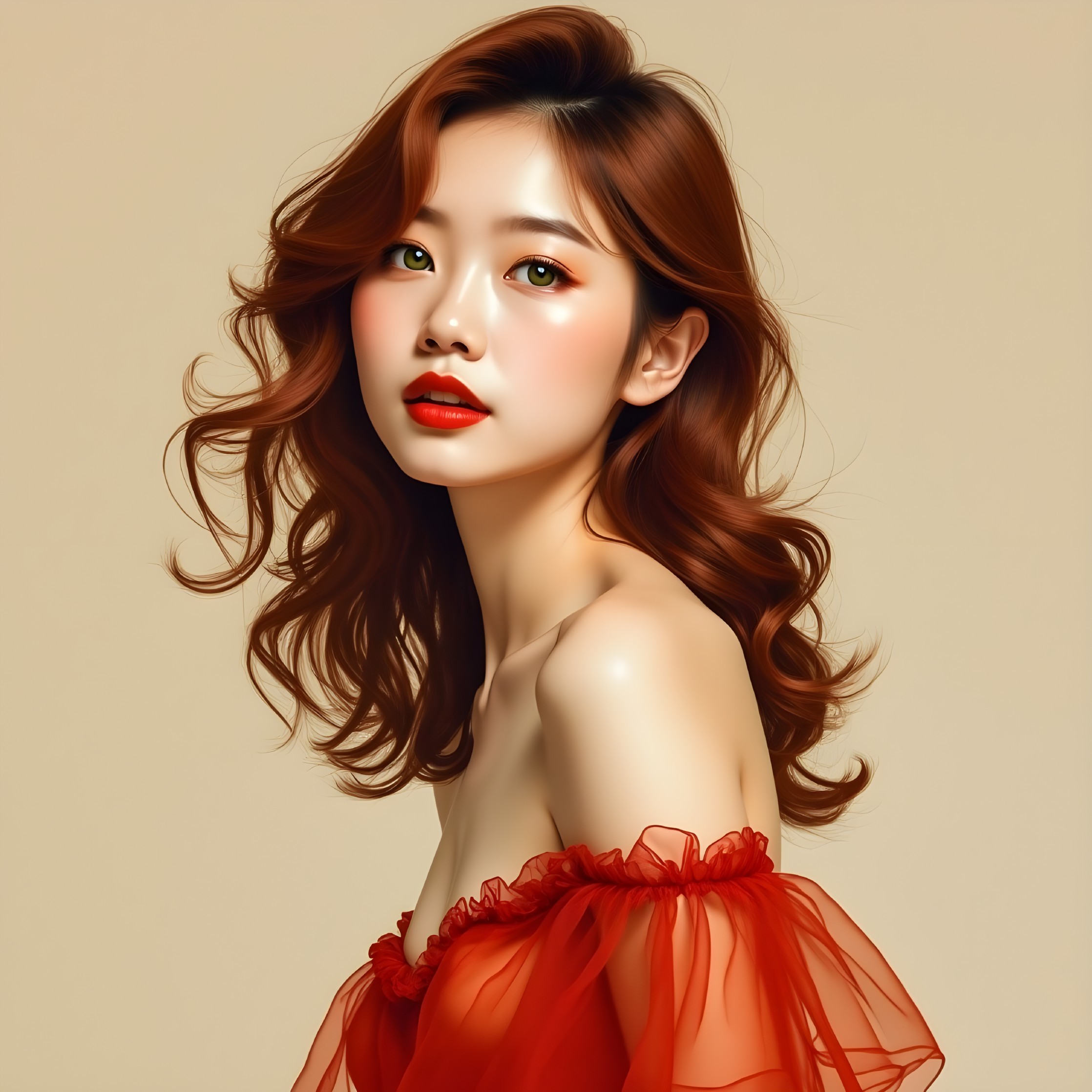 Young woman in red dress with chestnut hair and green eyes