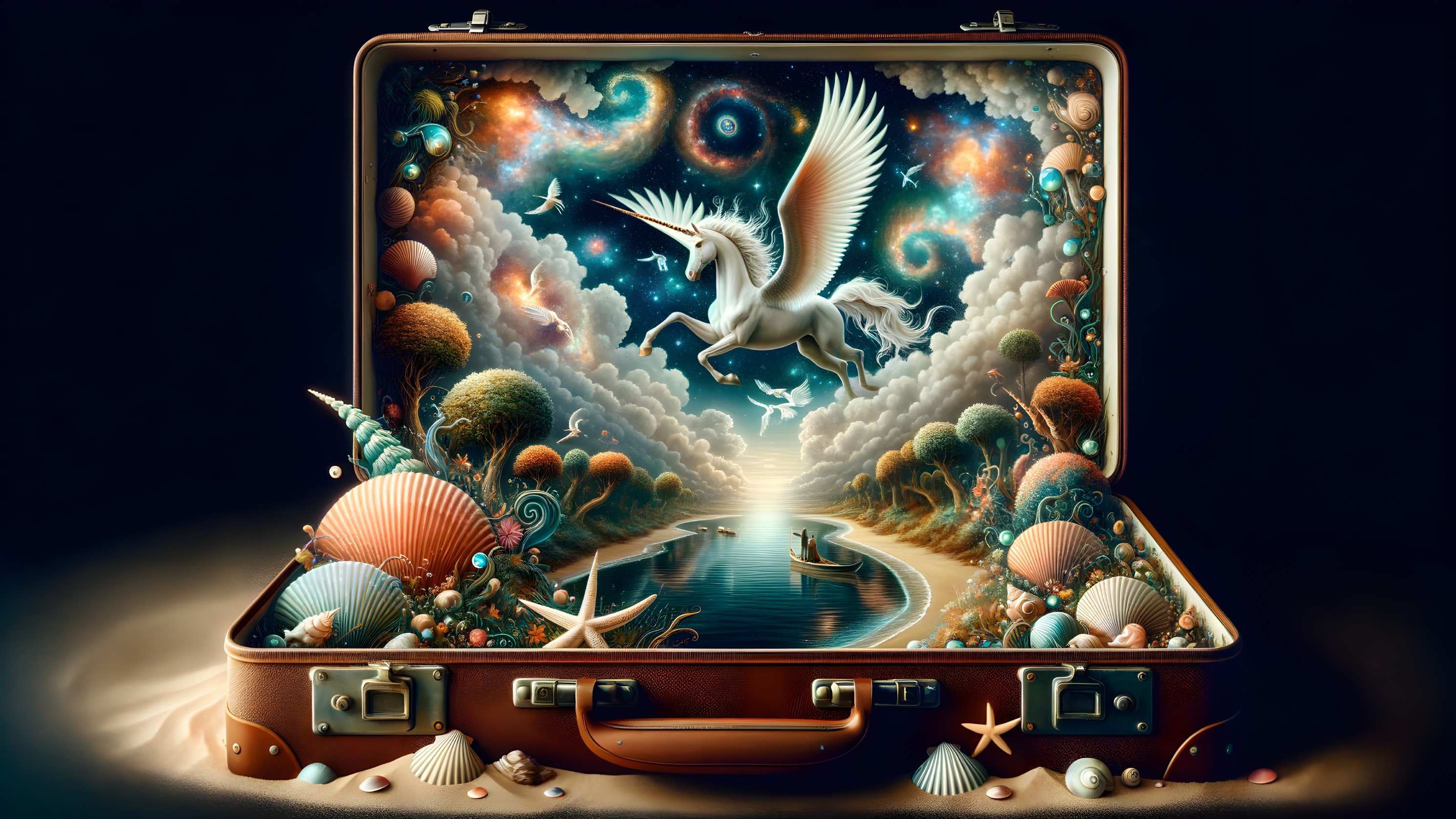 Open Suitcase with Unicorn and Serene River Scene
