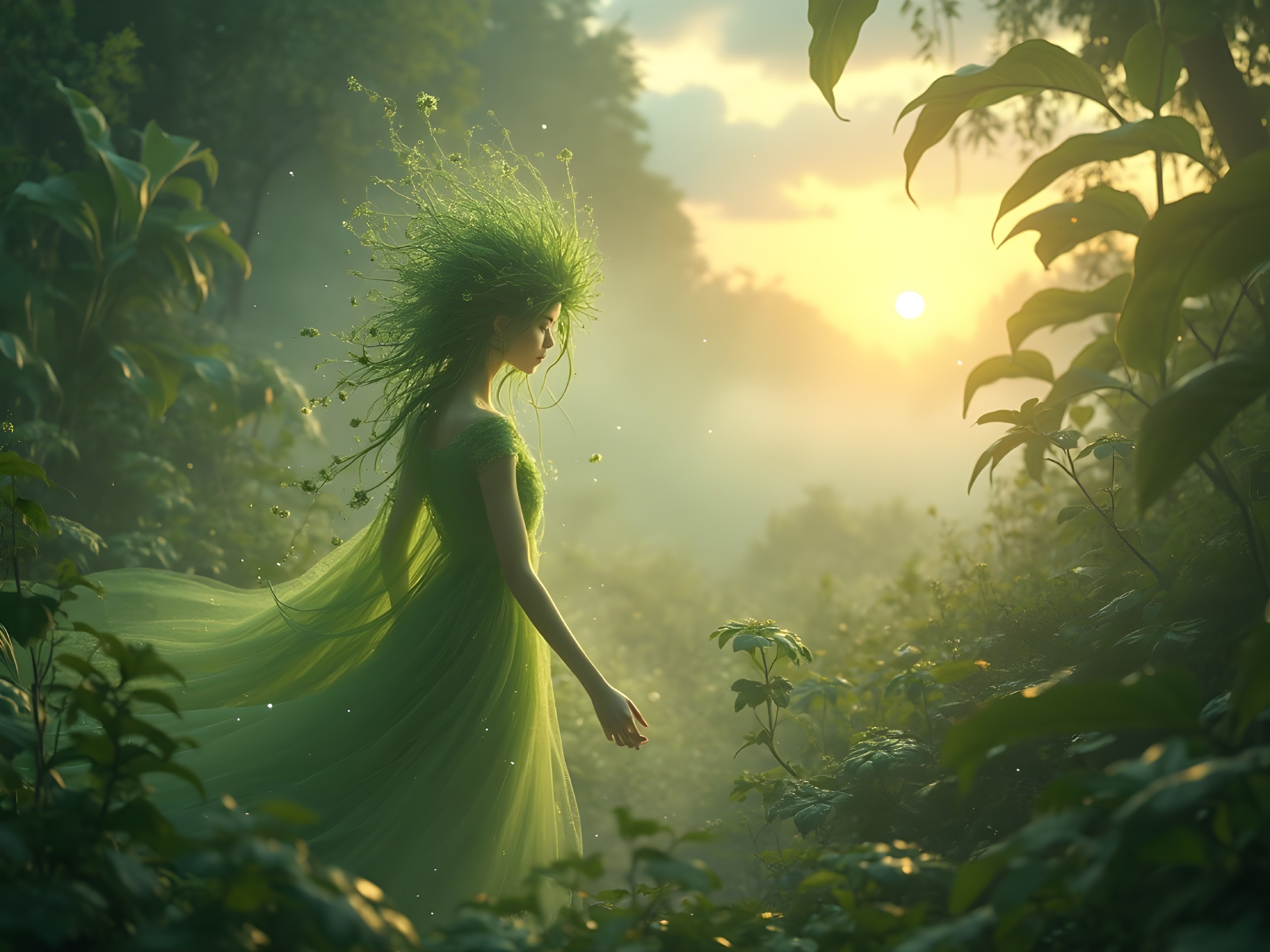 Serene figure in green dress among lush greenery