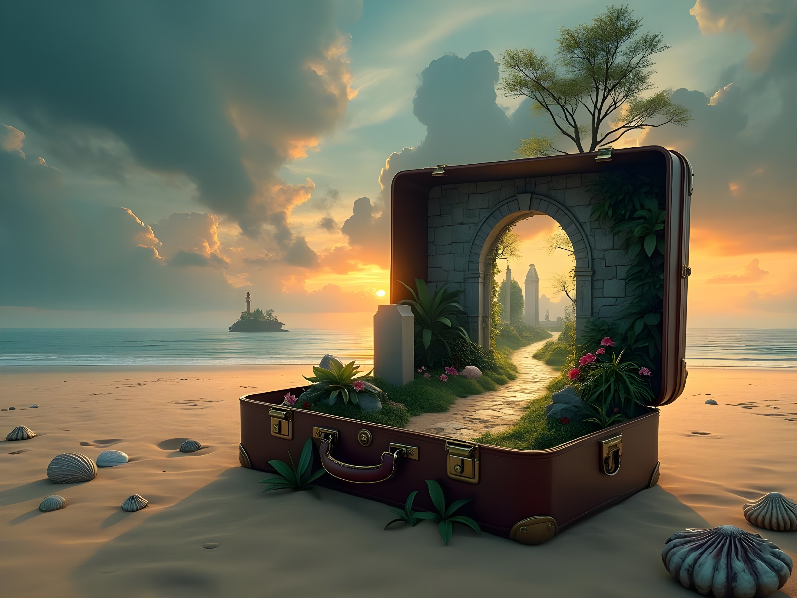 Vintage suitcase on beach with lush pathway and sunset