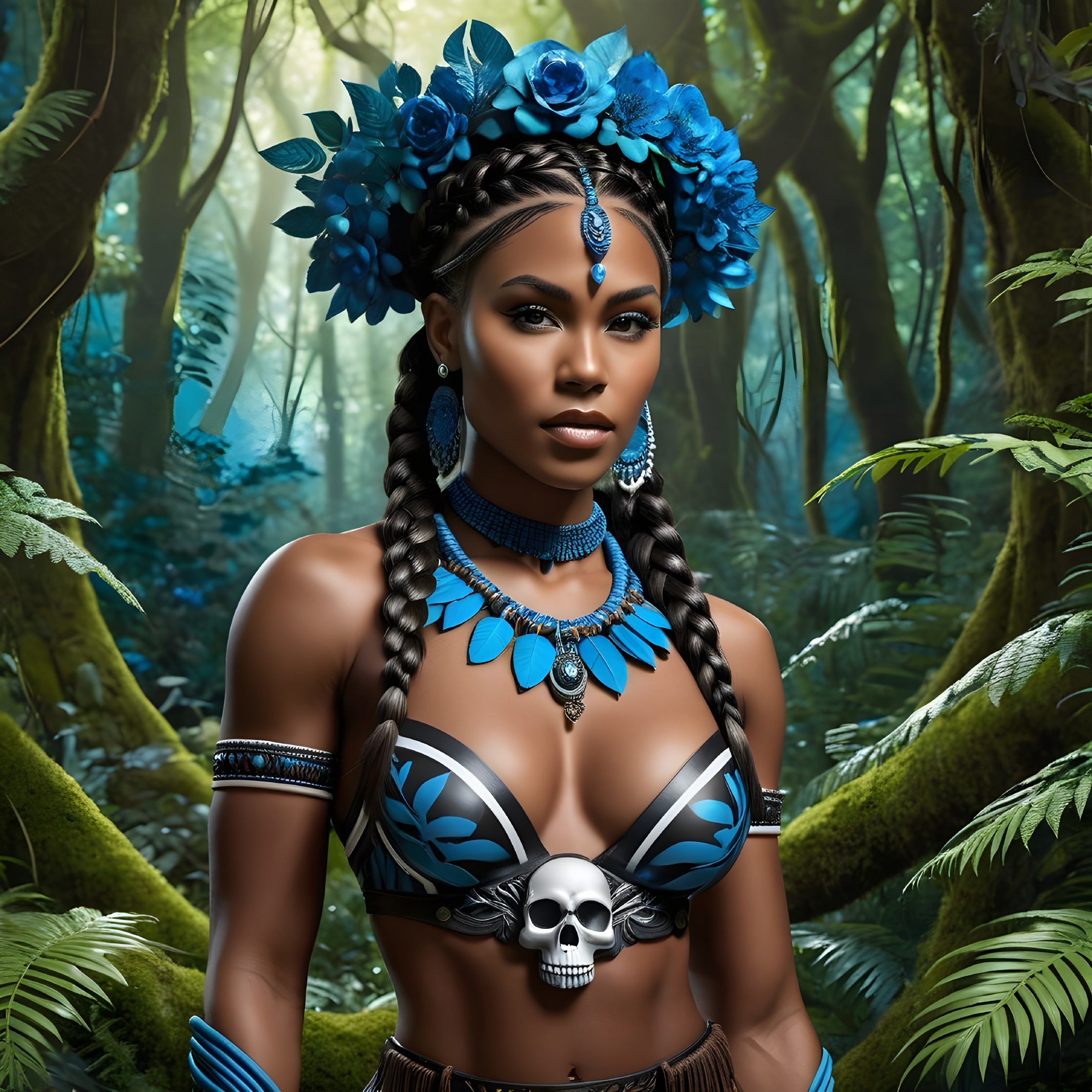 Jungle Figure in Floral Crown and Skull Motif Top