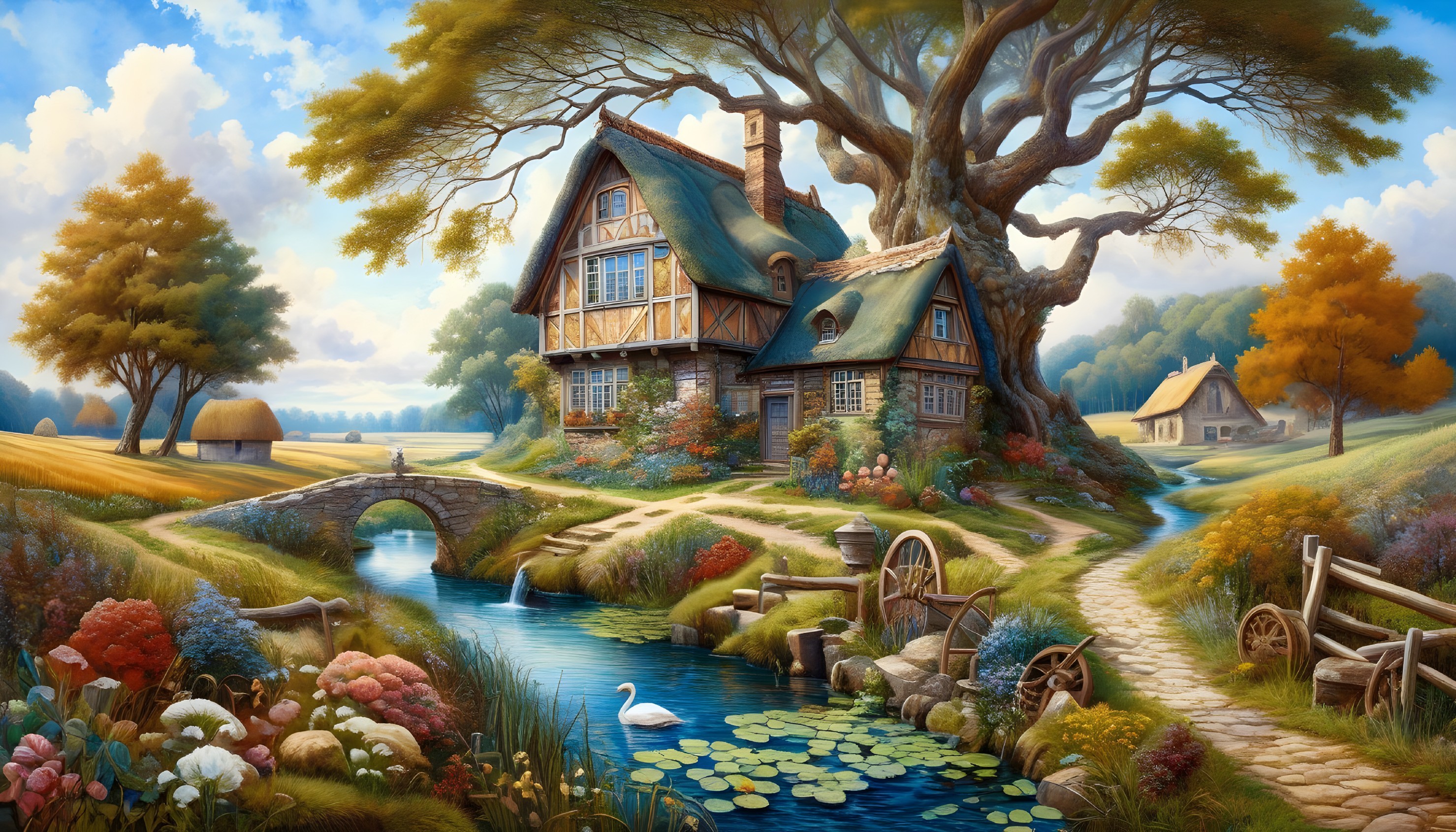 Charming Cottage by a Serene Stream and Lush Landscape