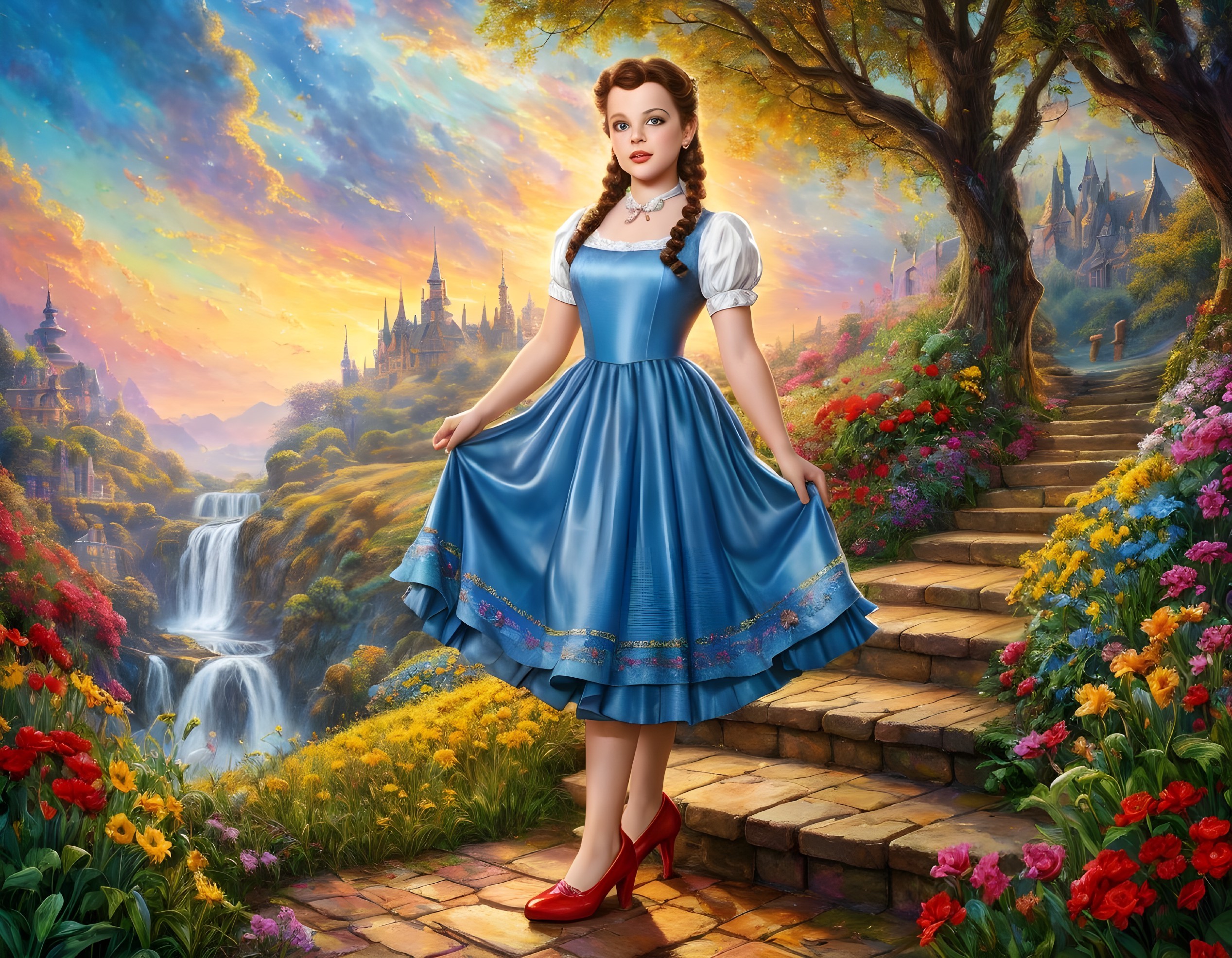 Woman in Blue Dress on Stone Staircase in Fantasy Landscape