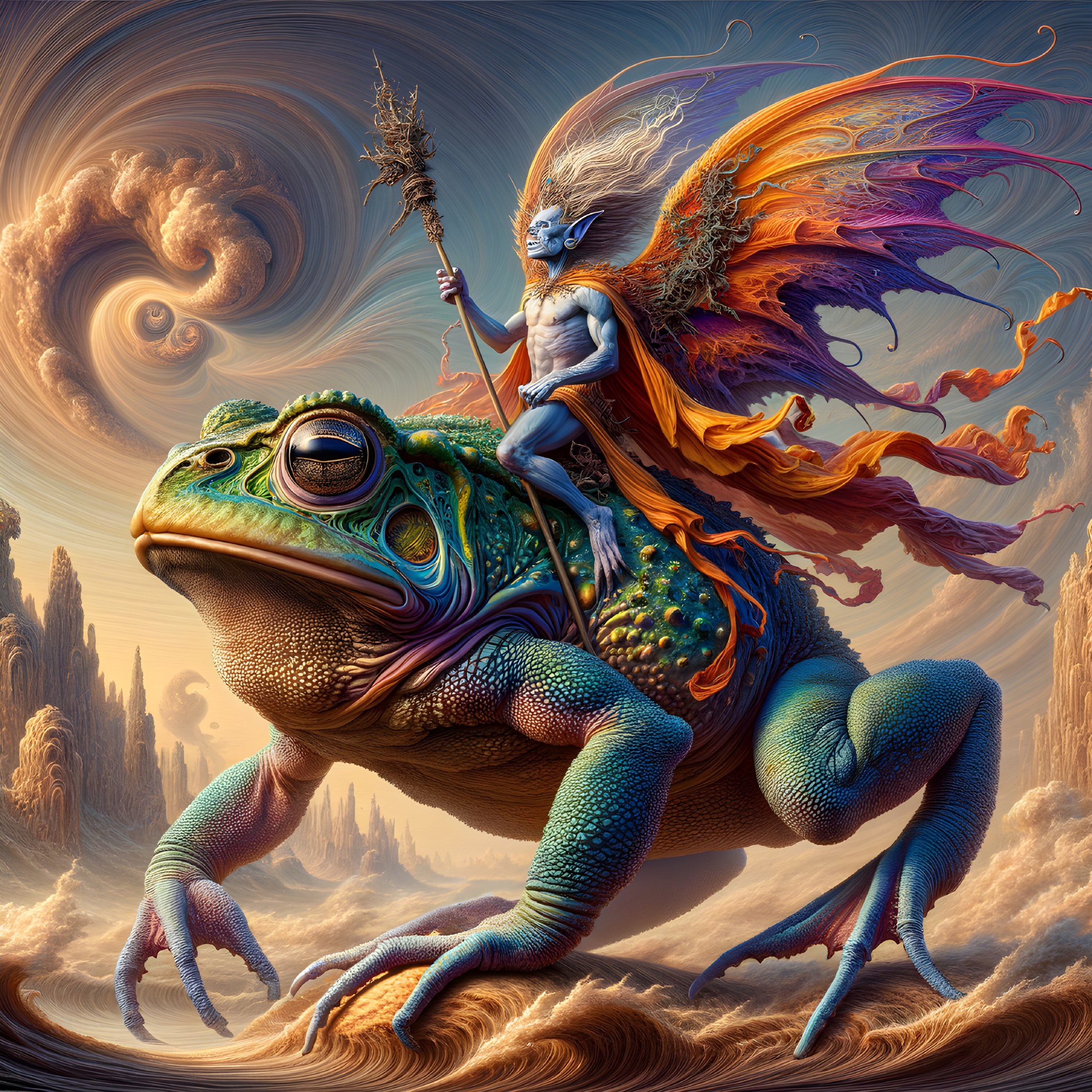 Vibrant Scene of Frog and Ethereal Winged Figure