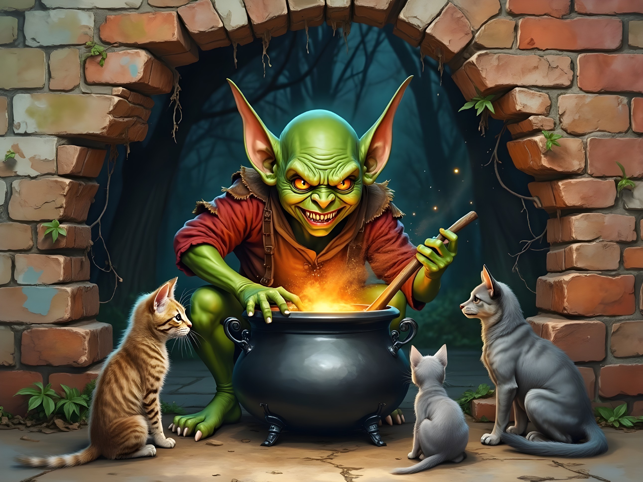 Whimsical Goblin with Cats in Enchanted Alcove