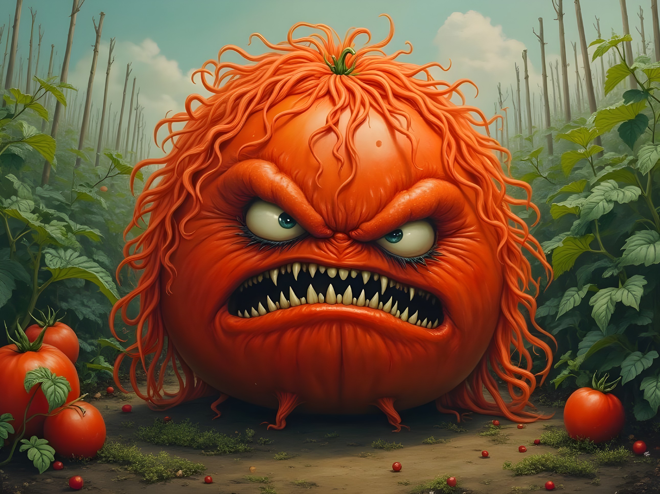 Giant Grumpy Tomato Character in Vibrant Field