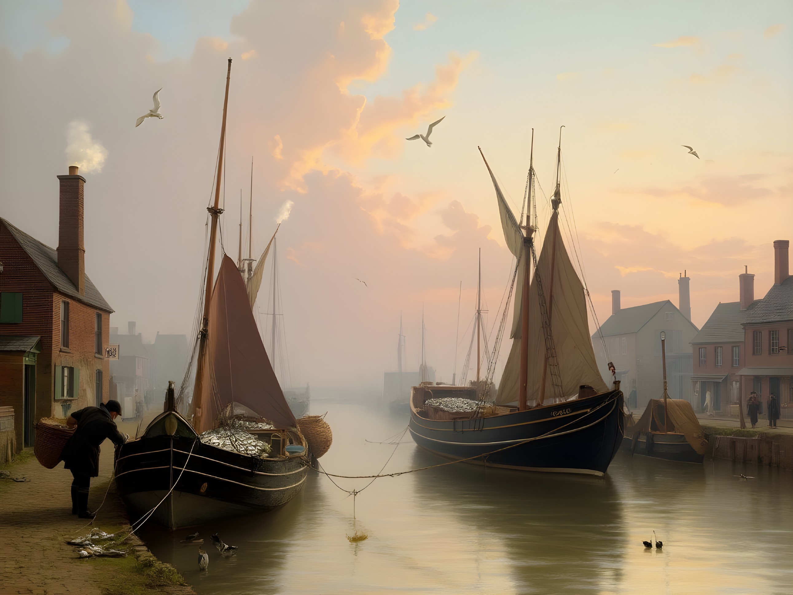 Serene dawn harbor with sailing boats and misty canal