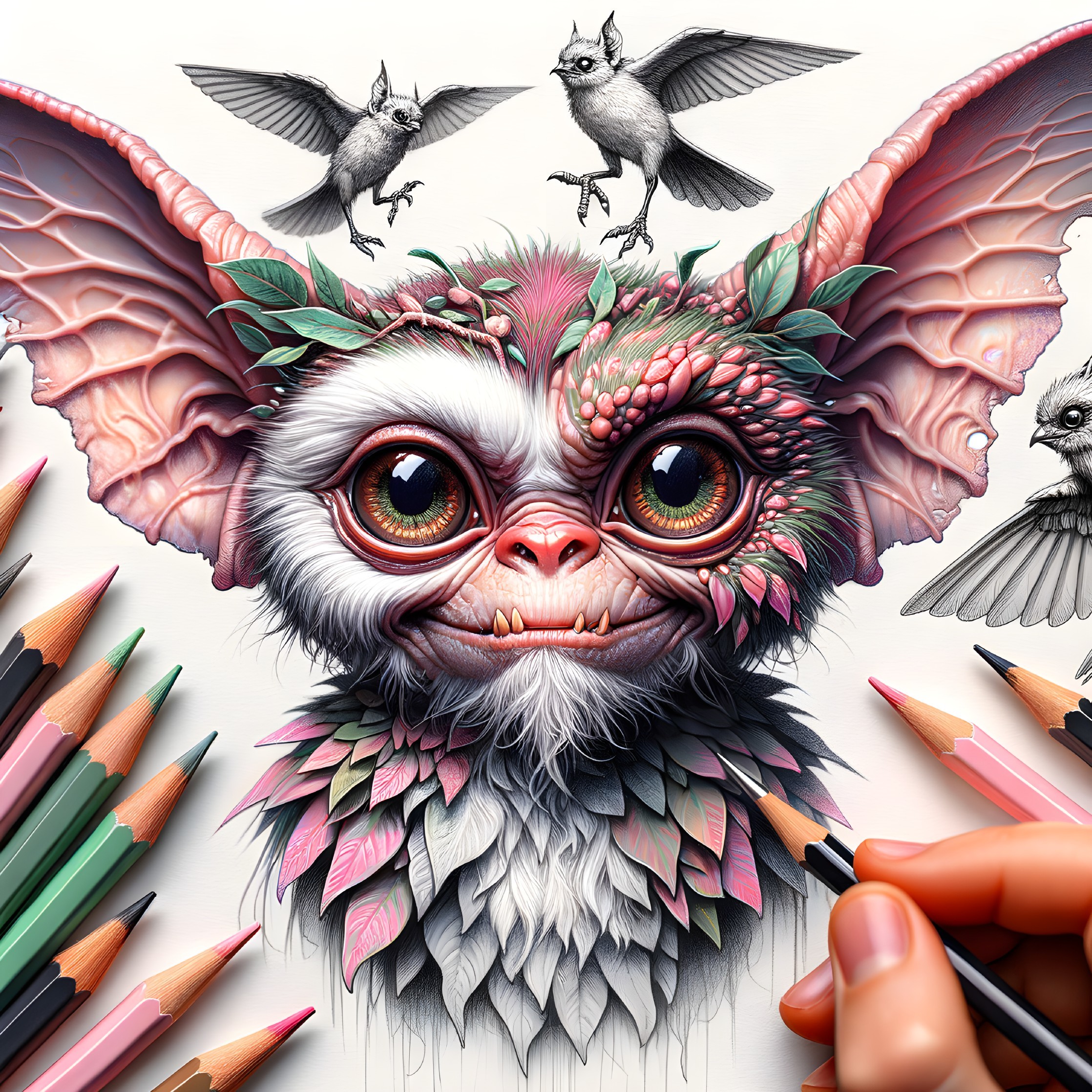 Whimsical creature with large eyes and winged ears among flying animal sketches