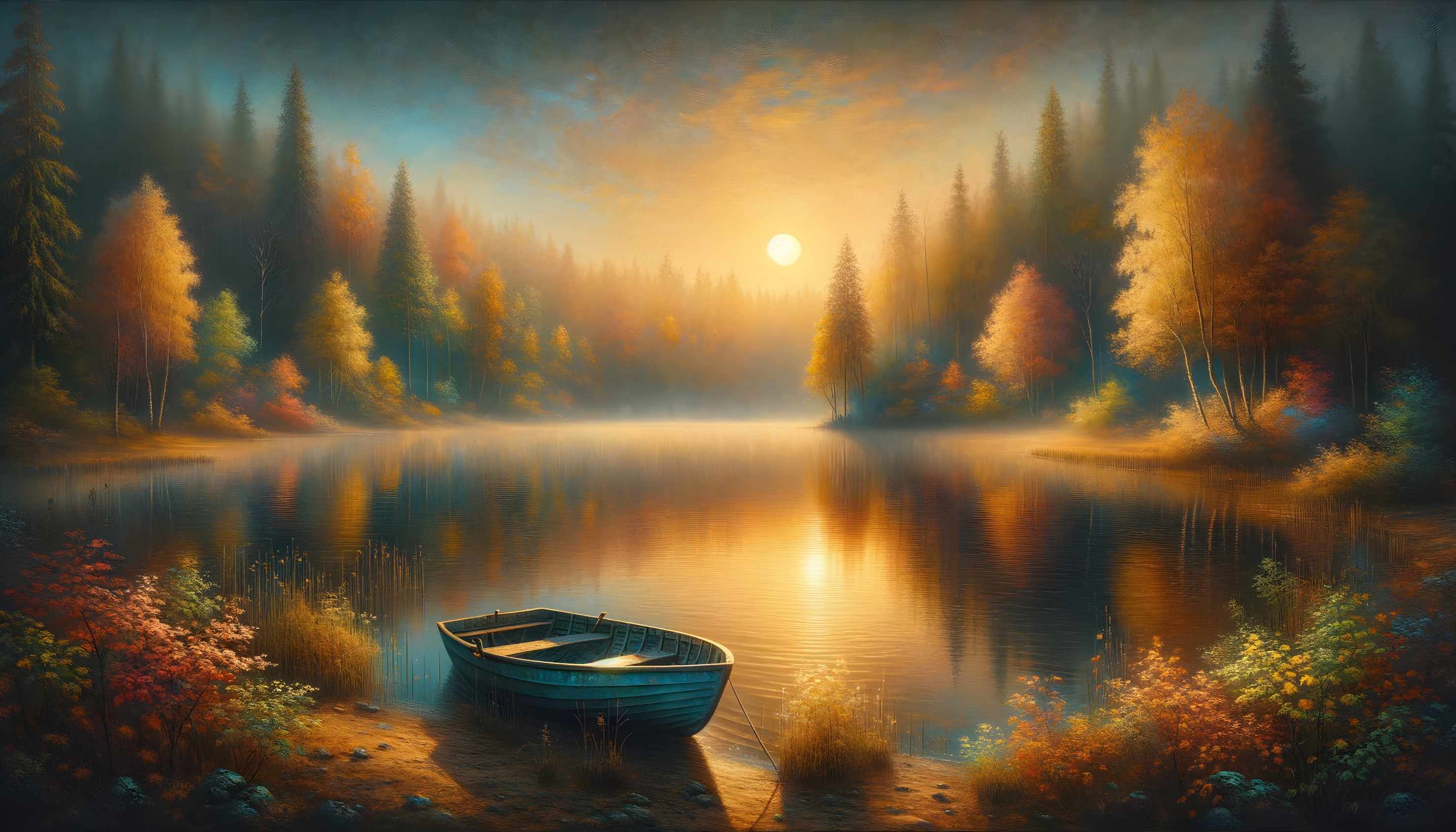 Serene Lake Scene at Dawn with Weathered Boat
