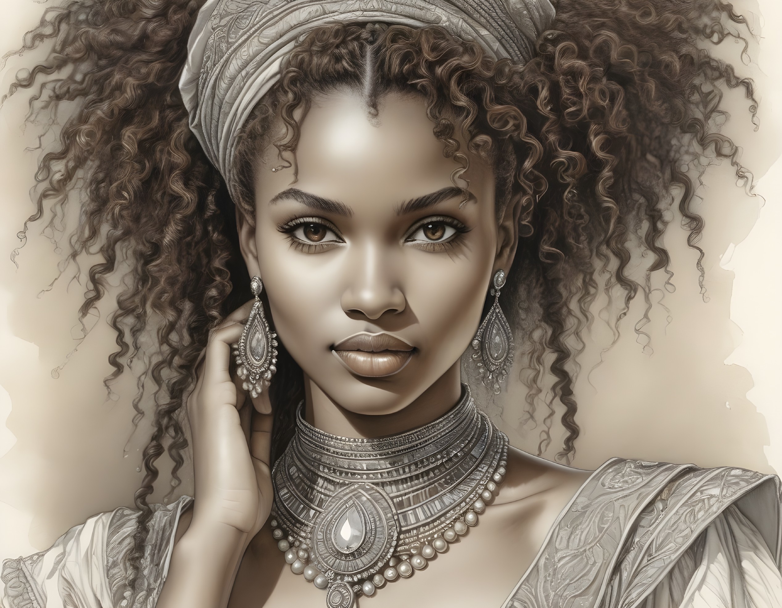 Digital Portrait of a Woman with Curly Hair and Jewelry