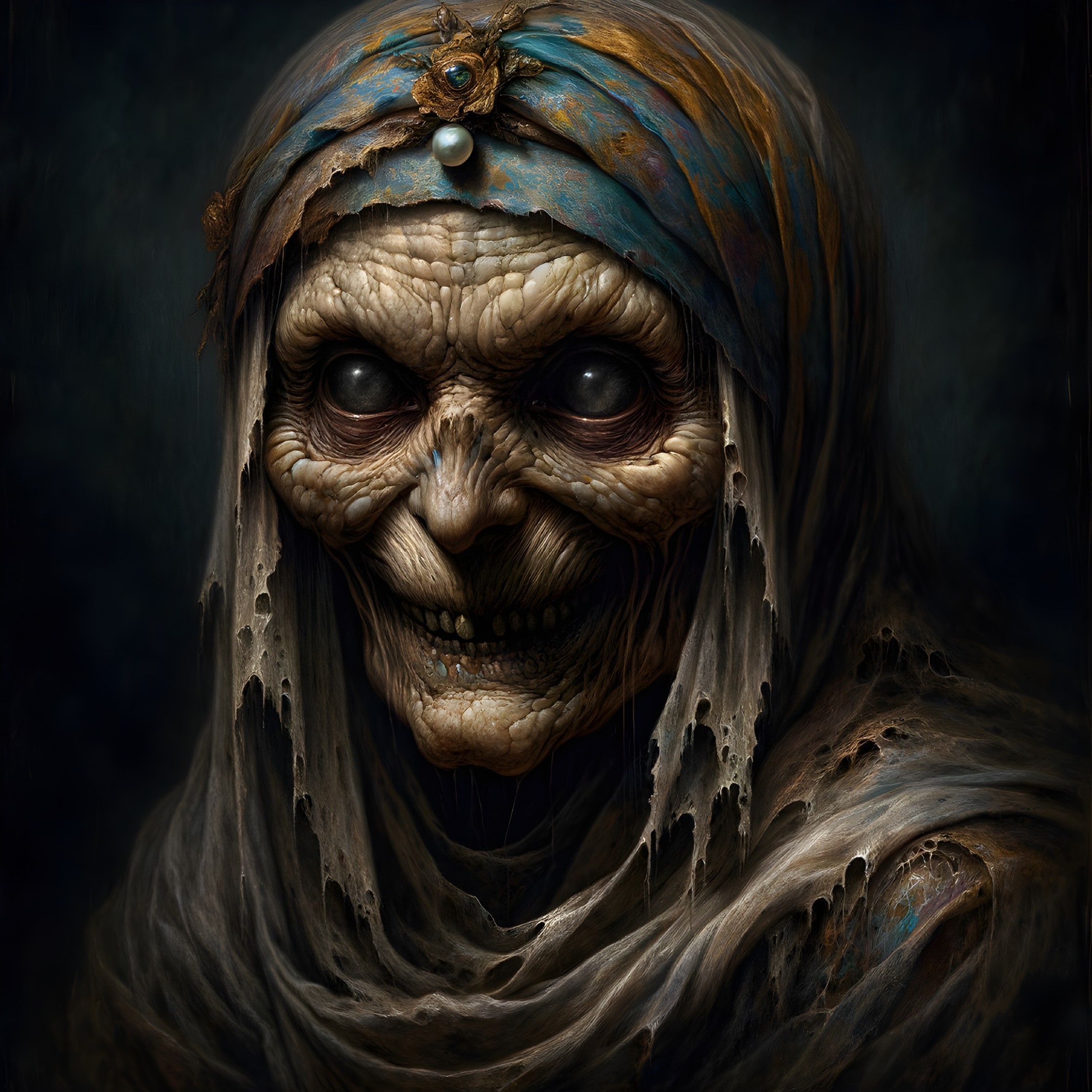 Ghastly creature portrait with skeletal face and bejeweled headpiece