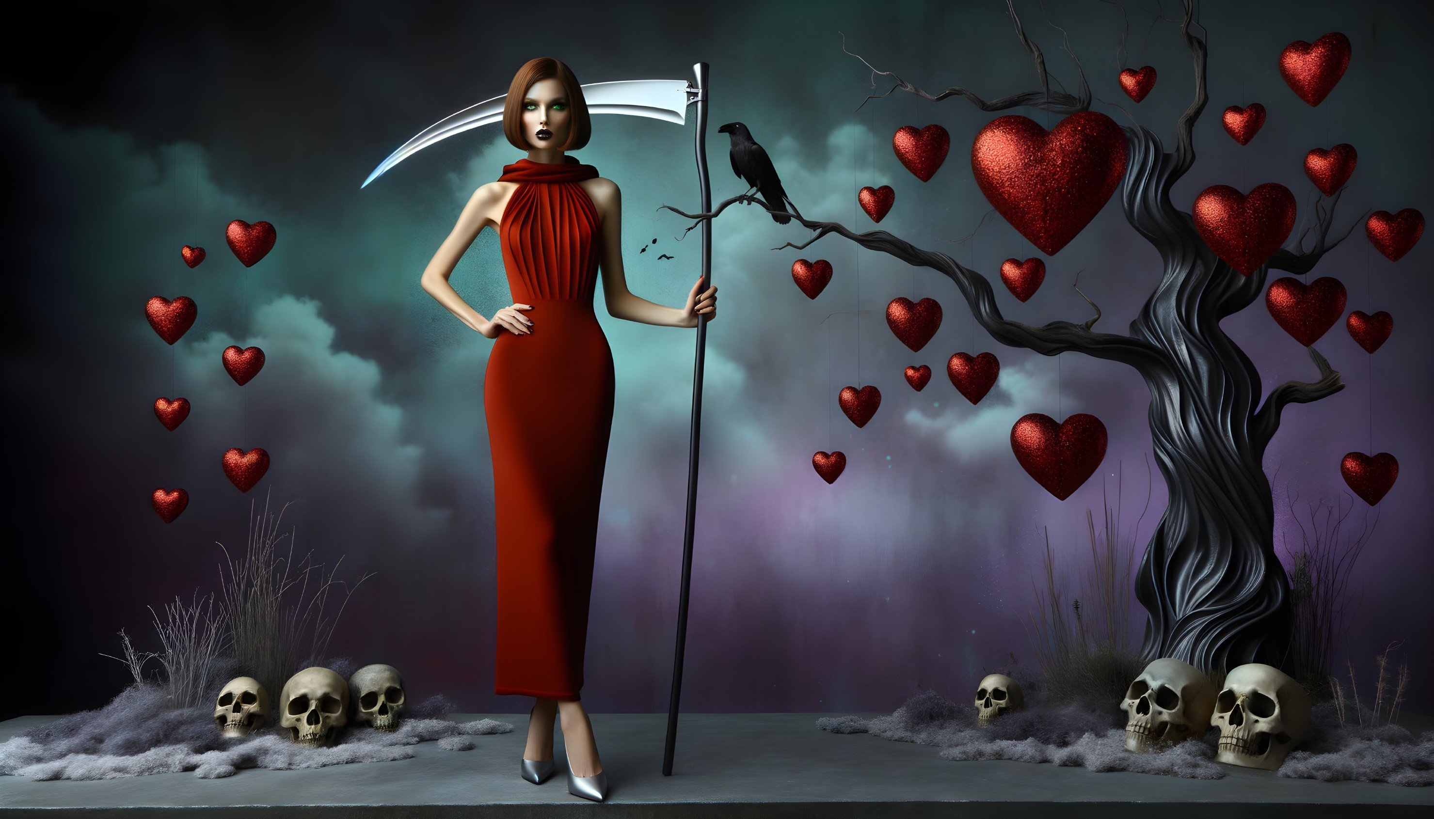 Mysterious figure in red gown with scythe and raven
