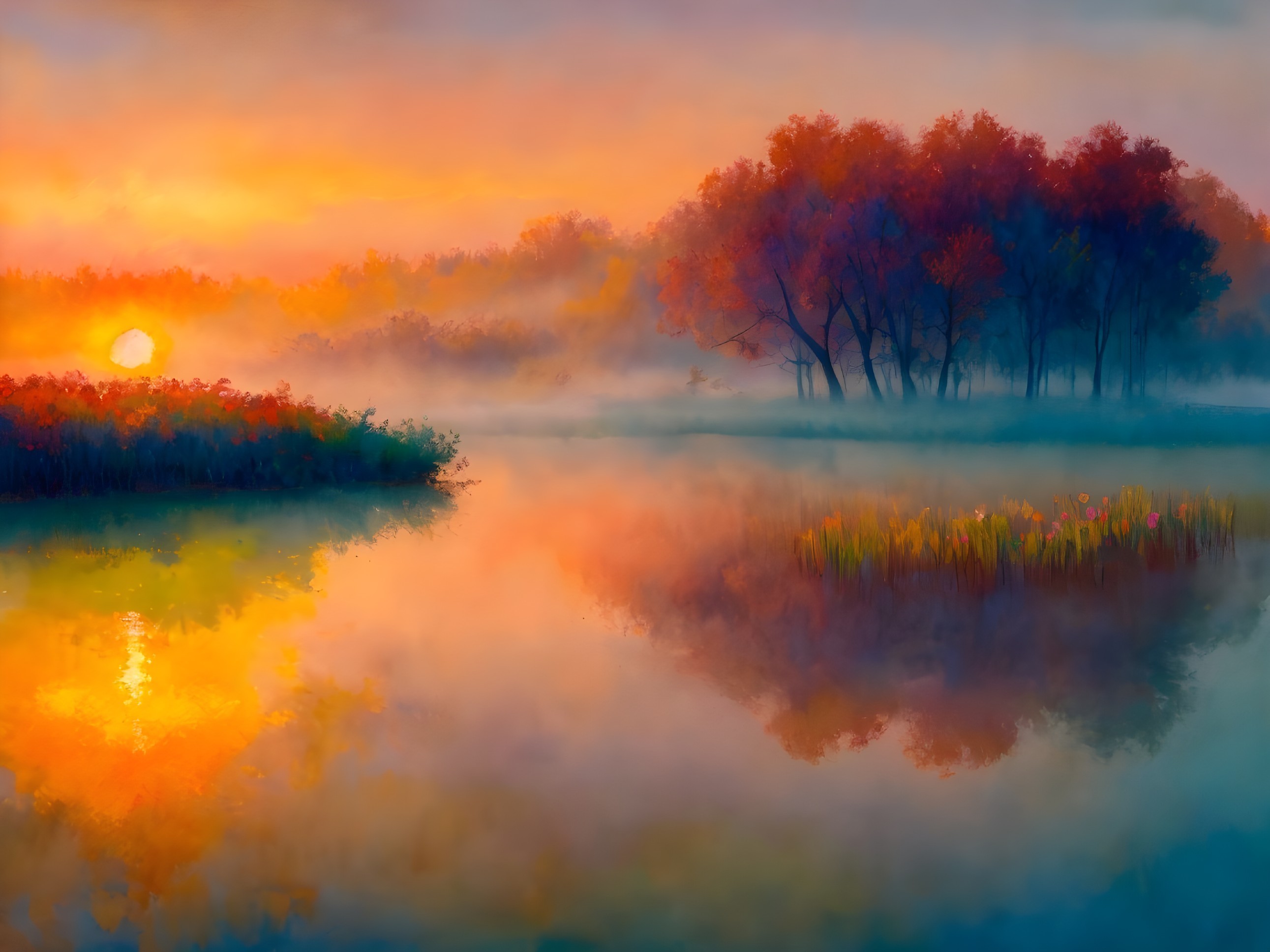 Serene Sunrise Landscape with Calm Lake and Mist