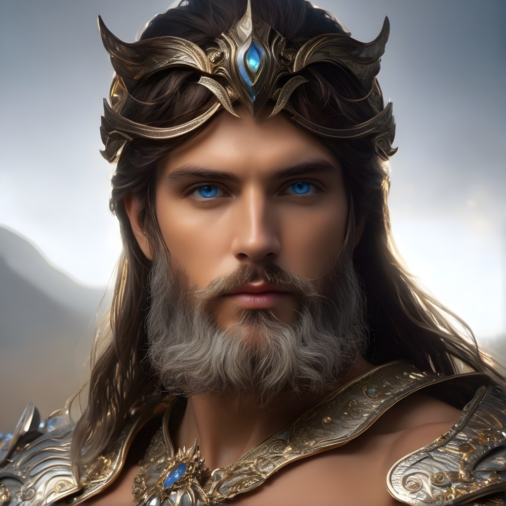 Majestic figure in golden crown and armor with blue eyes and beard