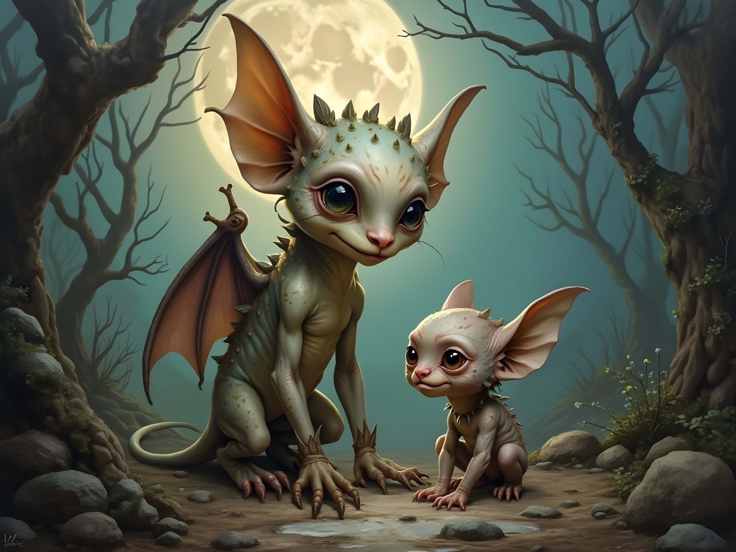 Whimsical Creatures in a Mystical Moonlit Forest