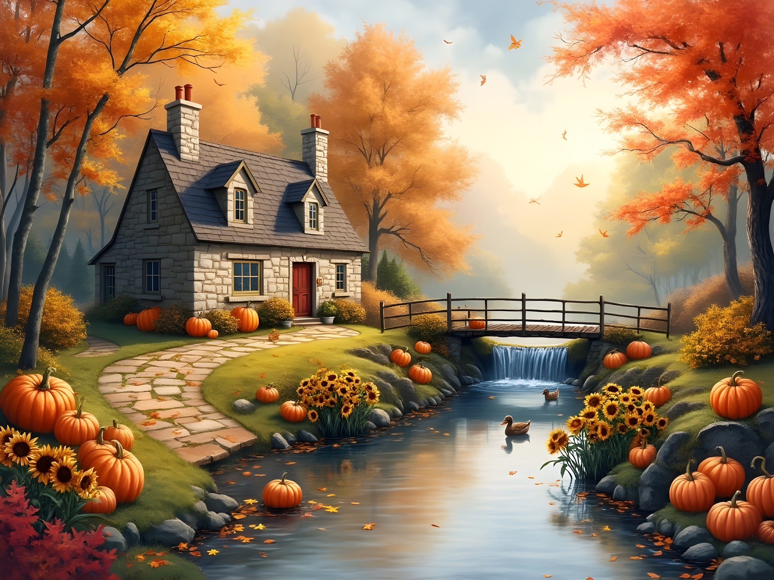 Stone Cottage in Vibrant Autumn Landscape Scene