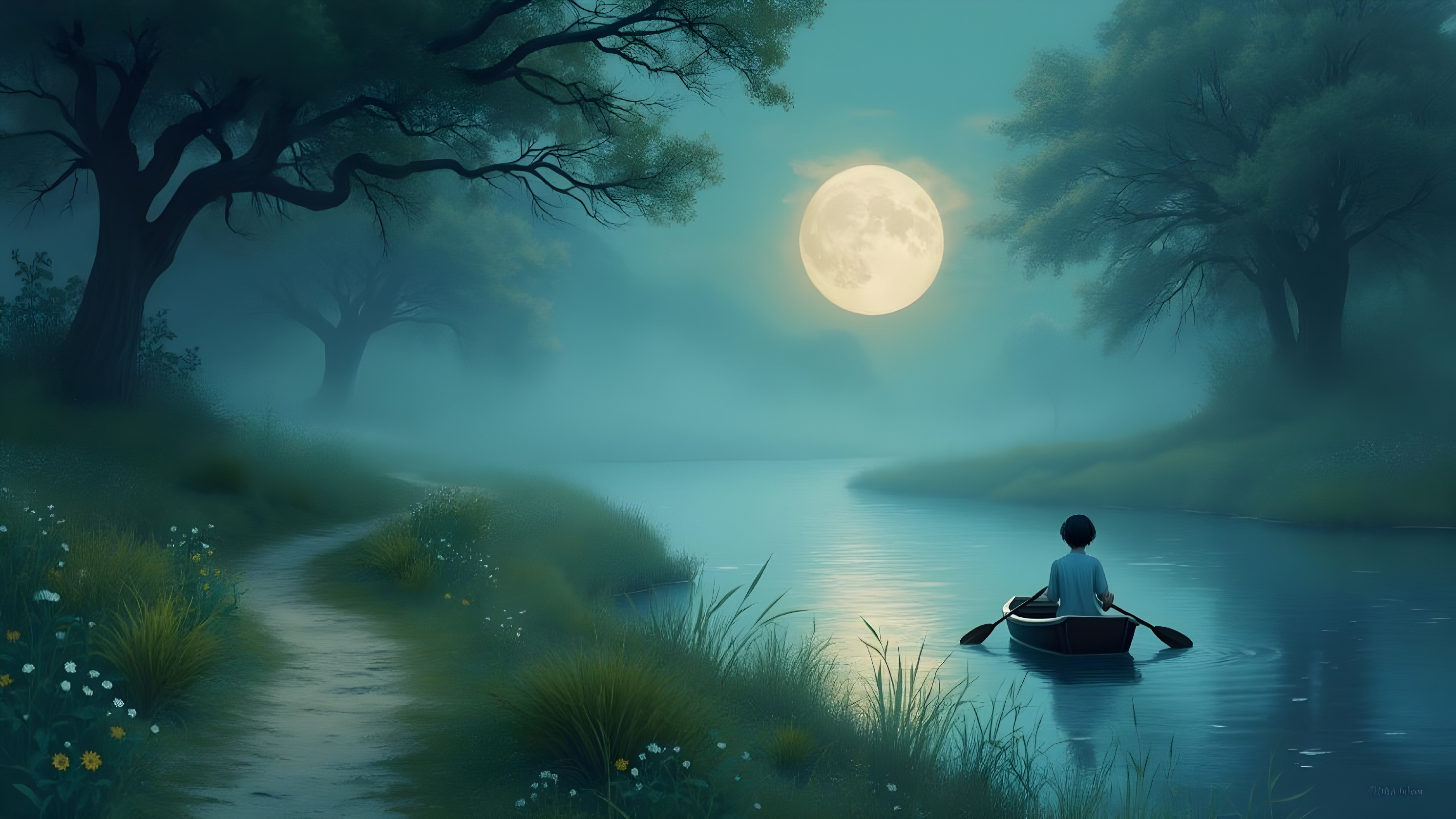 Nighttime Rowing Scene on a Foggy River with Moonlight