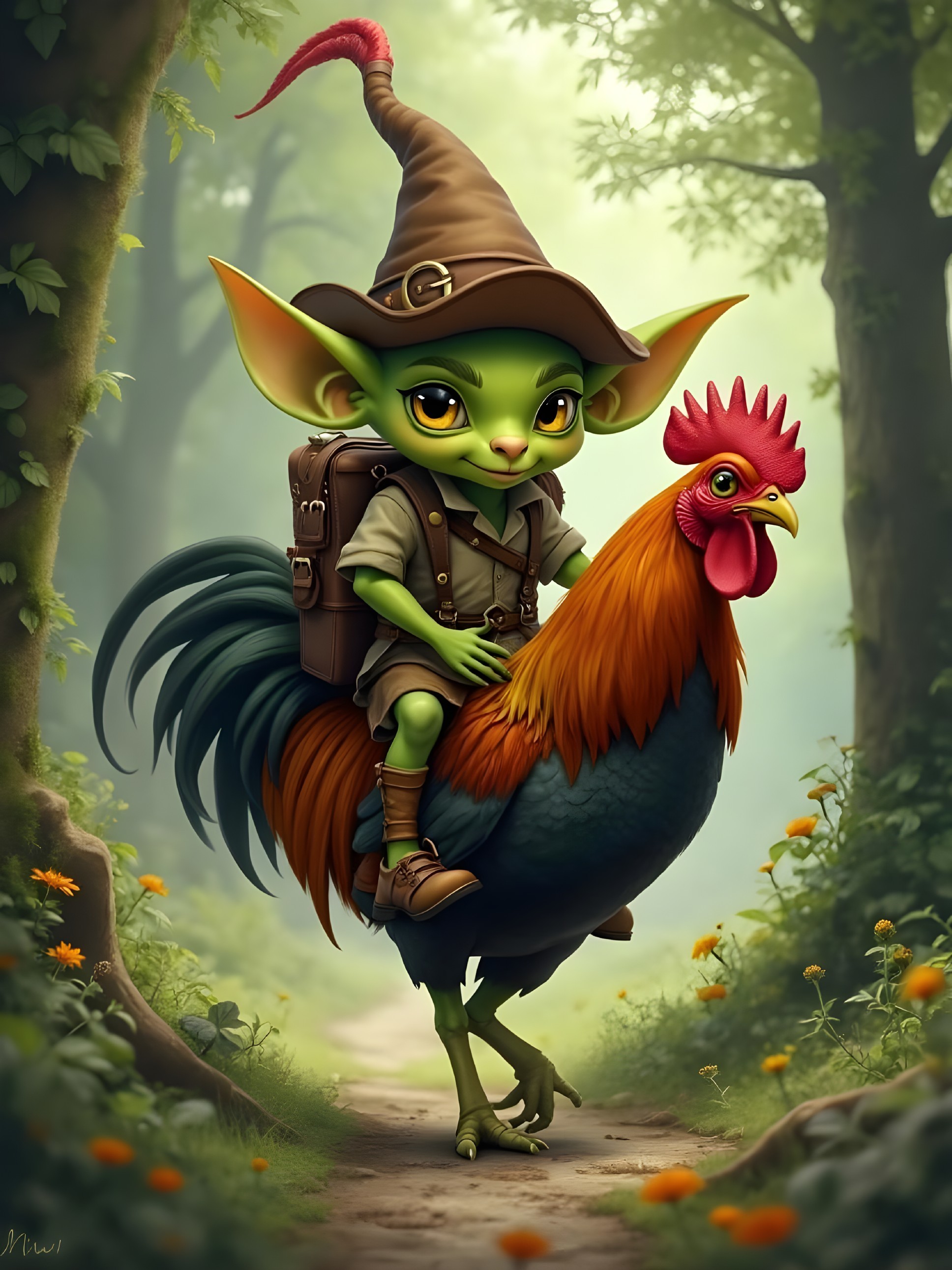 Cheerful Goblin Riding a Colorful Rooster in Forest