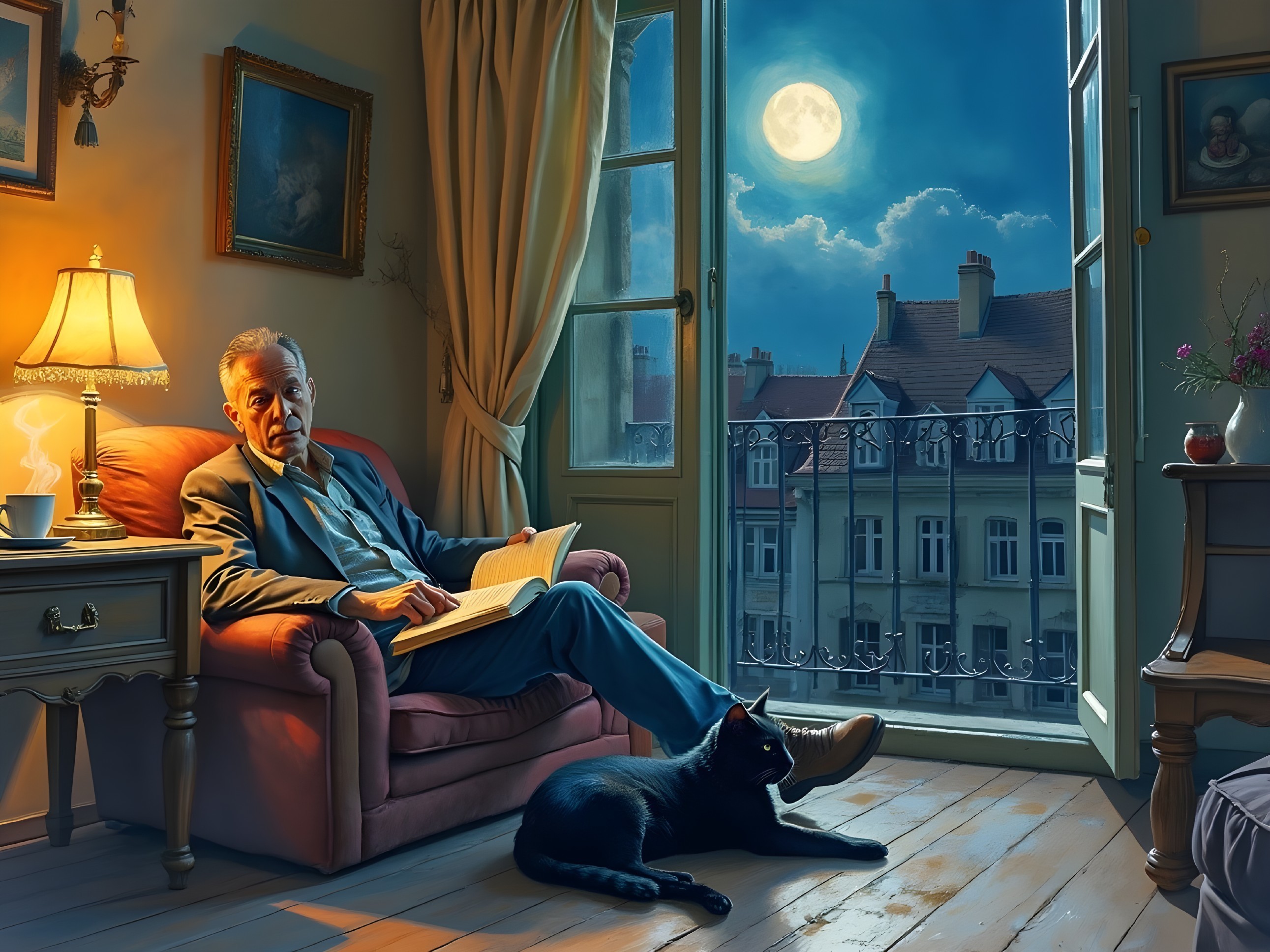 Cozy Room with Man Reading and Cat by Moonlight