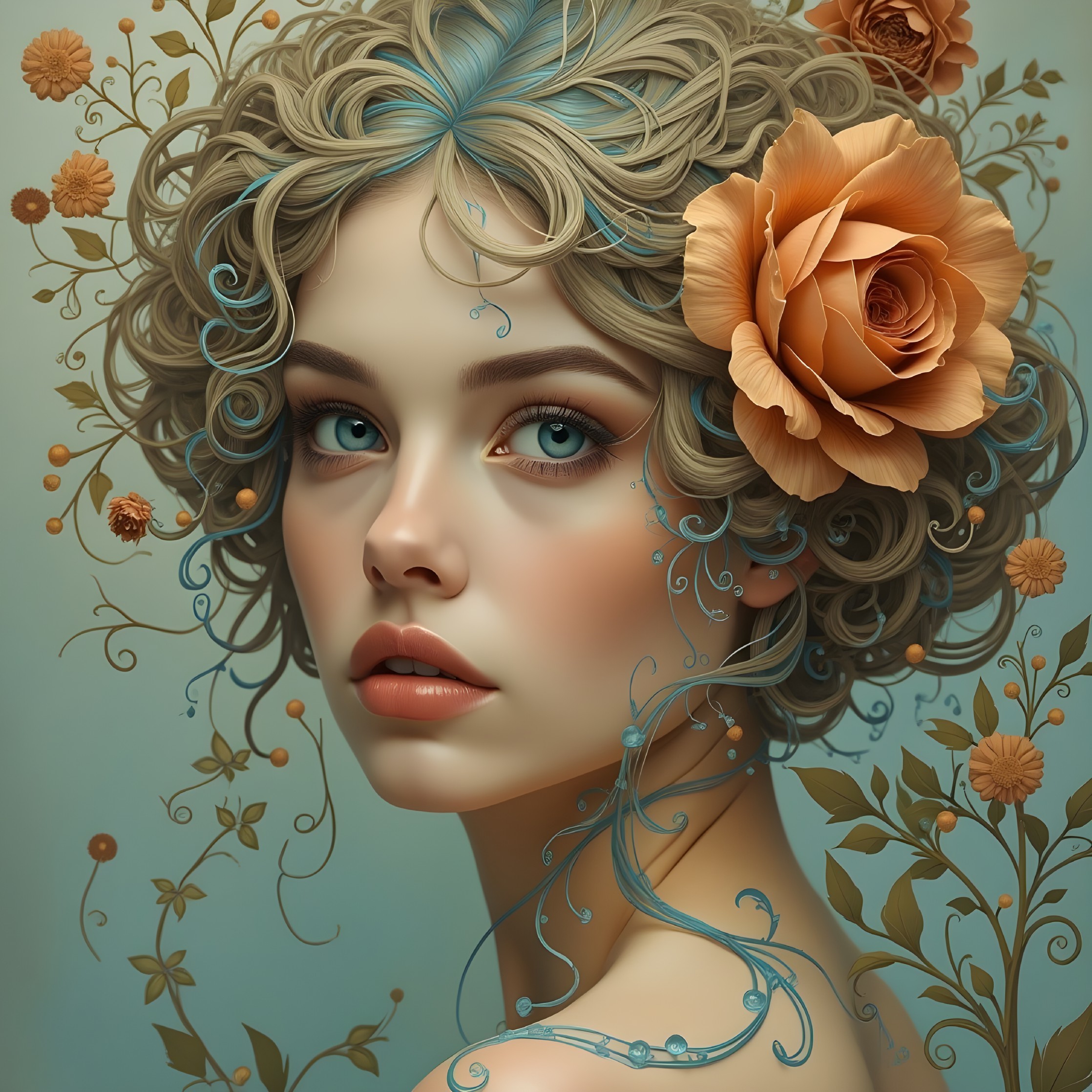 Young Woman with Curly Hair and Floral Background