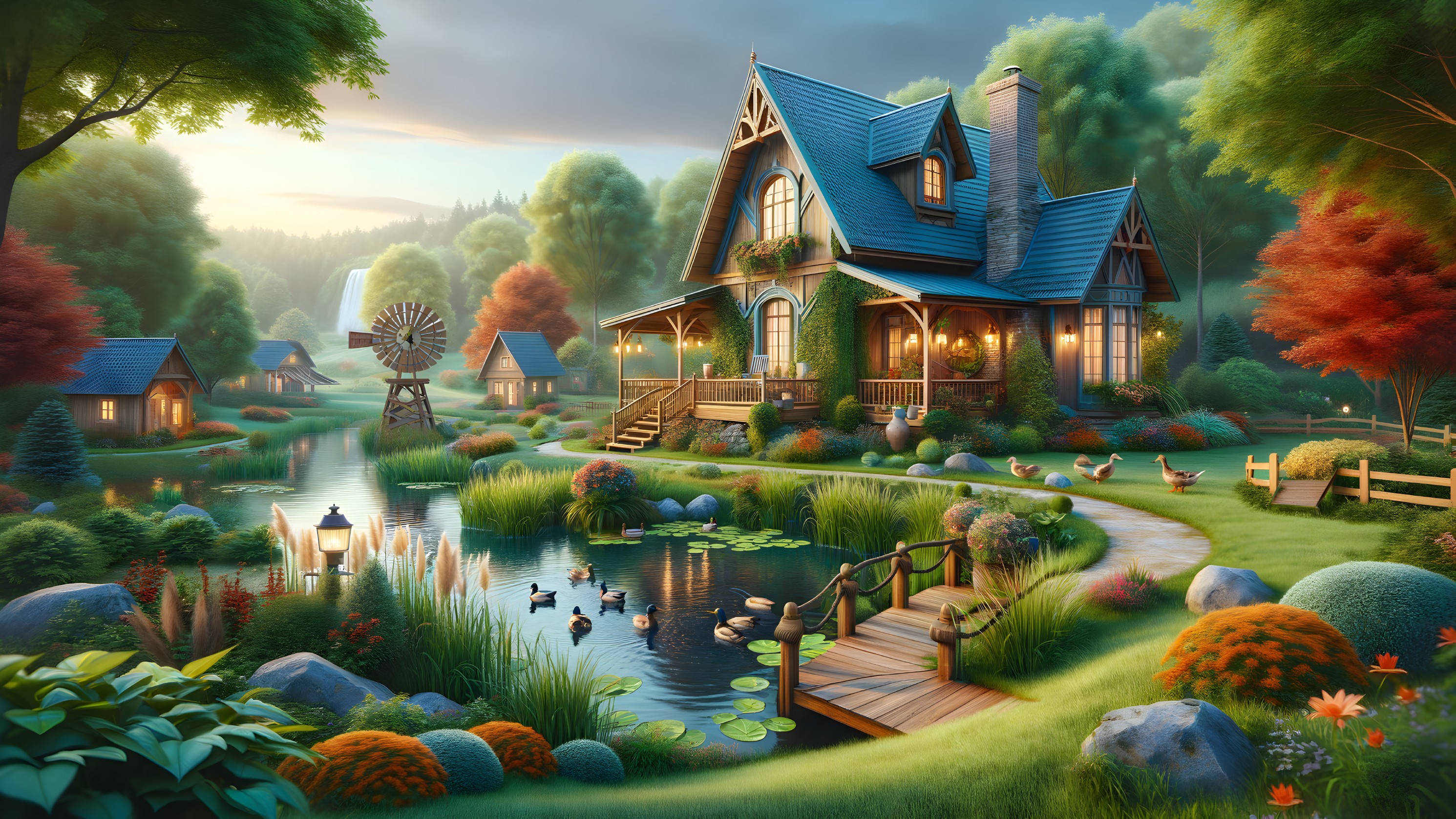 Cottage in a Vibrant Landscape with Serene Pond
