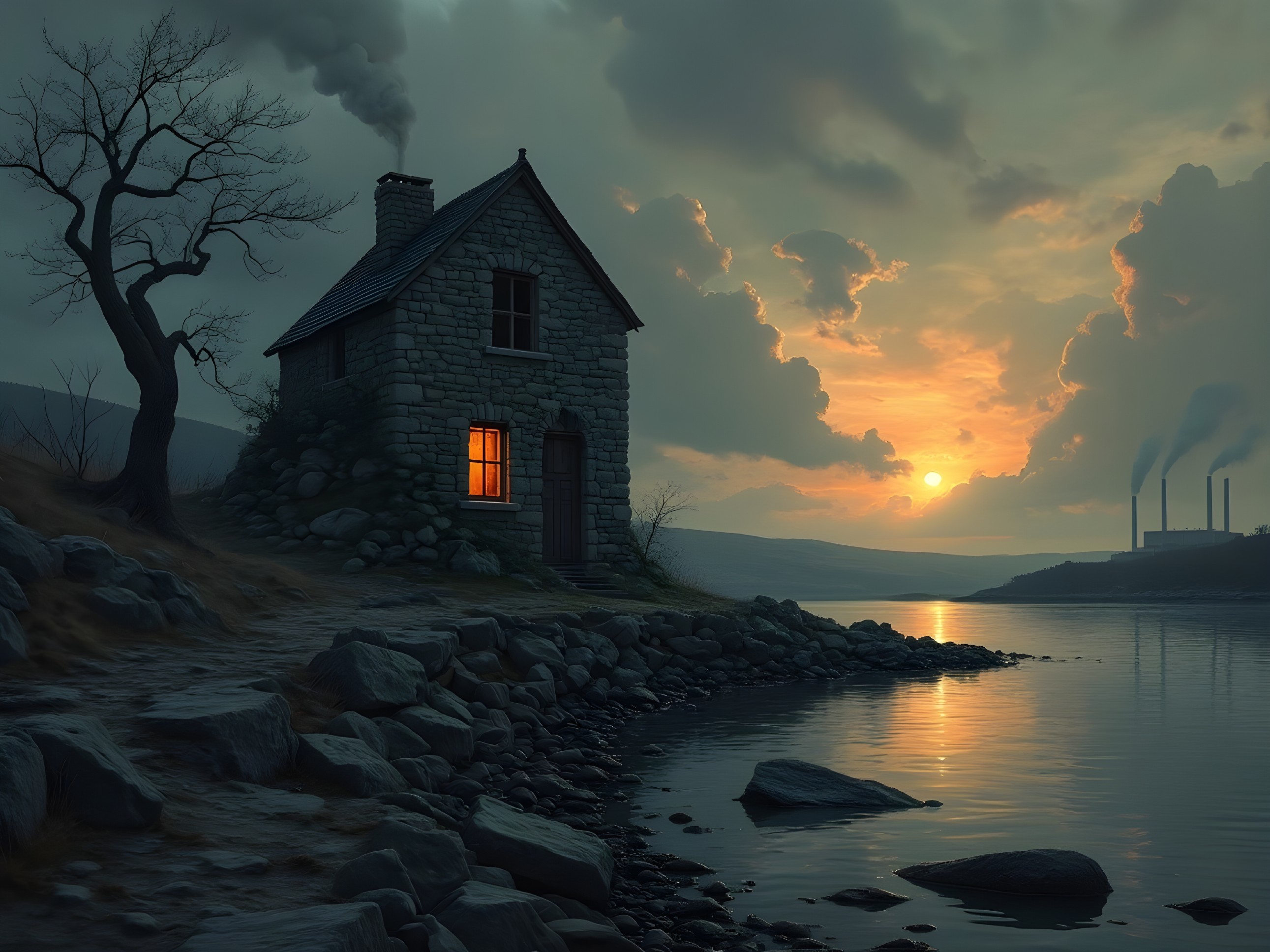 Stone Cottage by Lakeshore at Sunset with Smokestacks
