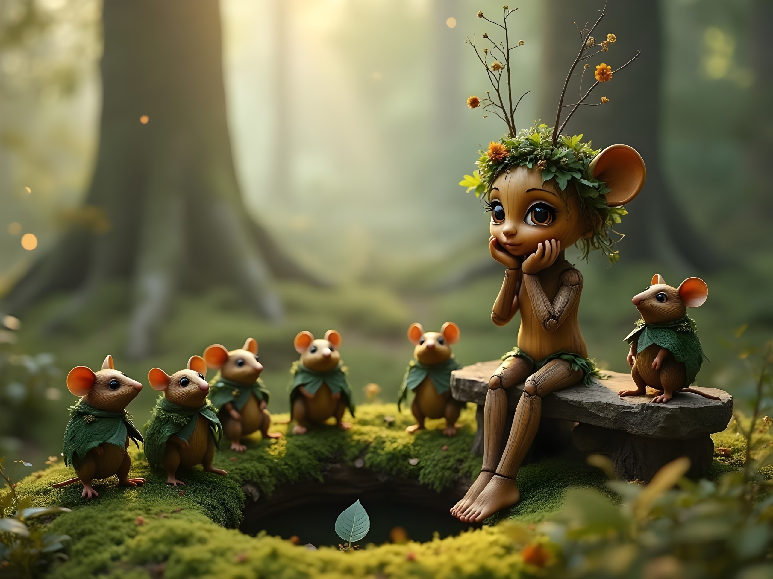 Wooden Figure in Enchanted Forest with Mouse Creatures