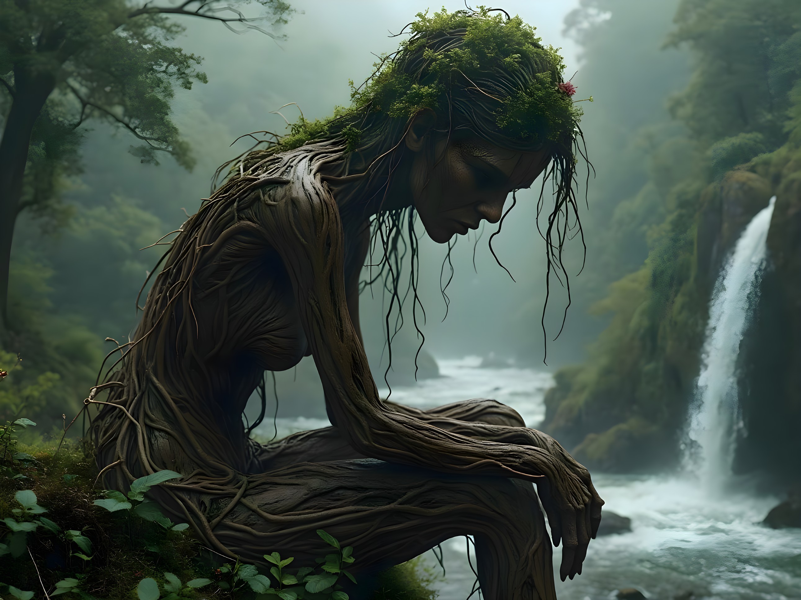 Mystical figure in a misty forest by a waterfall