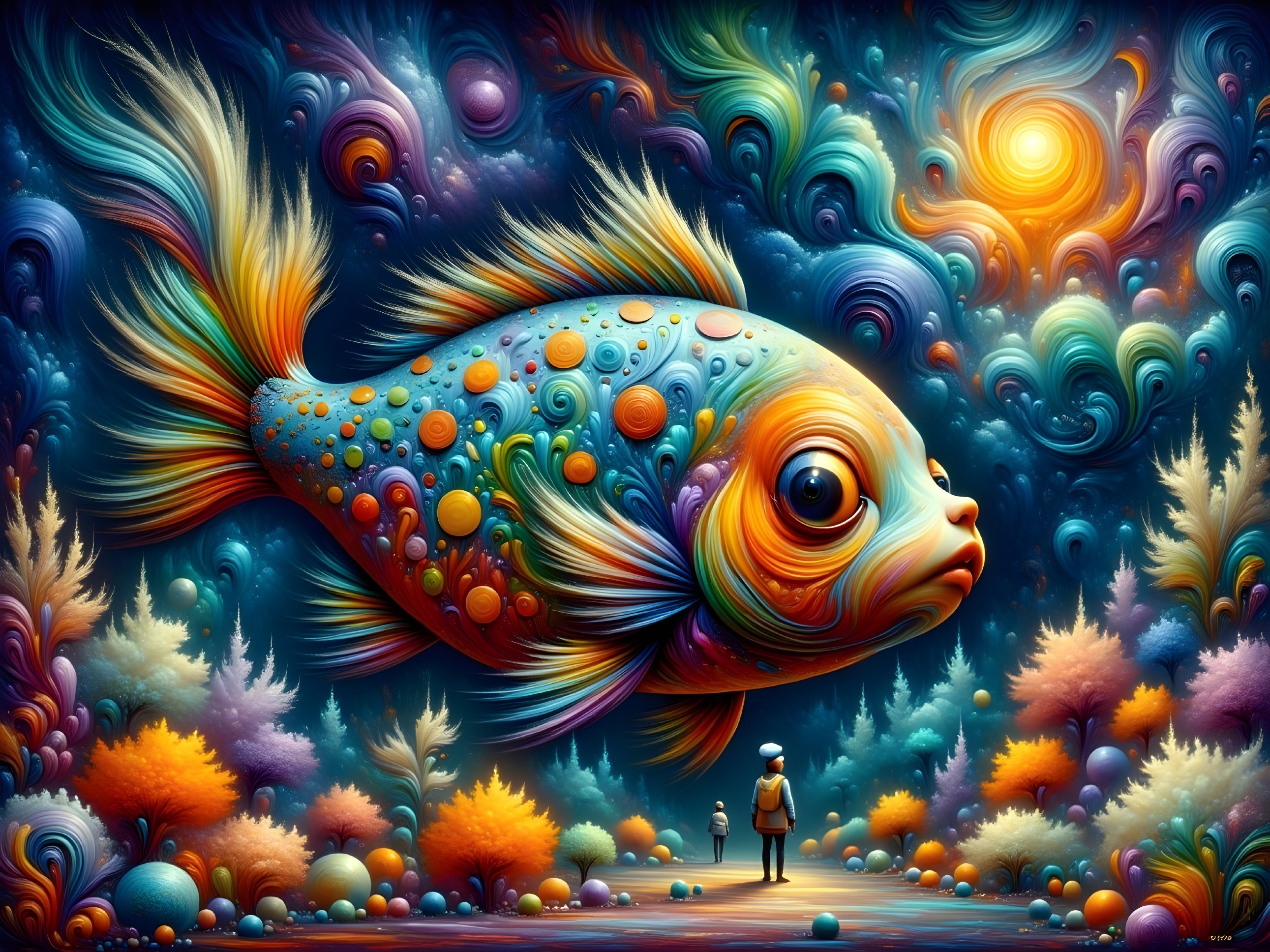 Surreal Landscape with Giant Colorful Fish and Figures