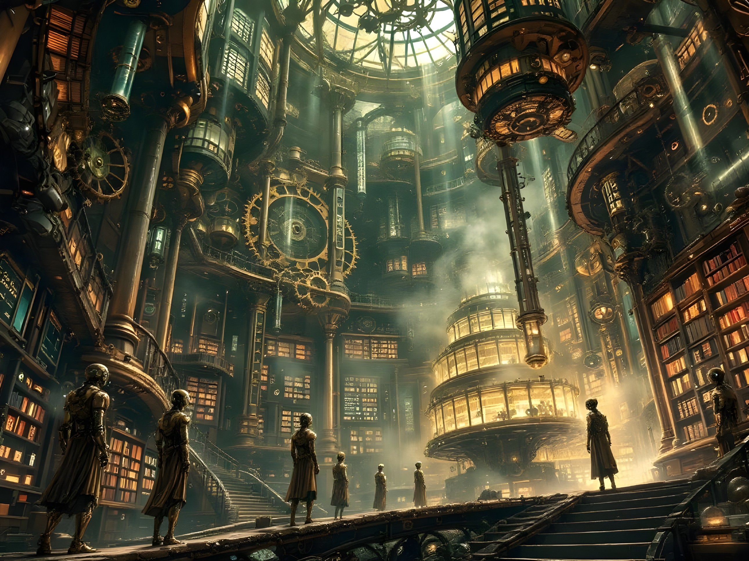 Steampunk Library with Gears and Mechanical Figures